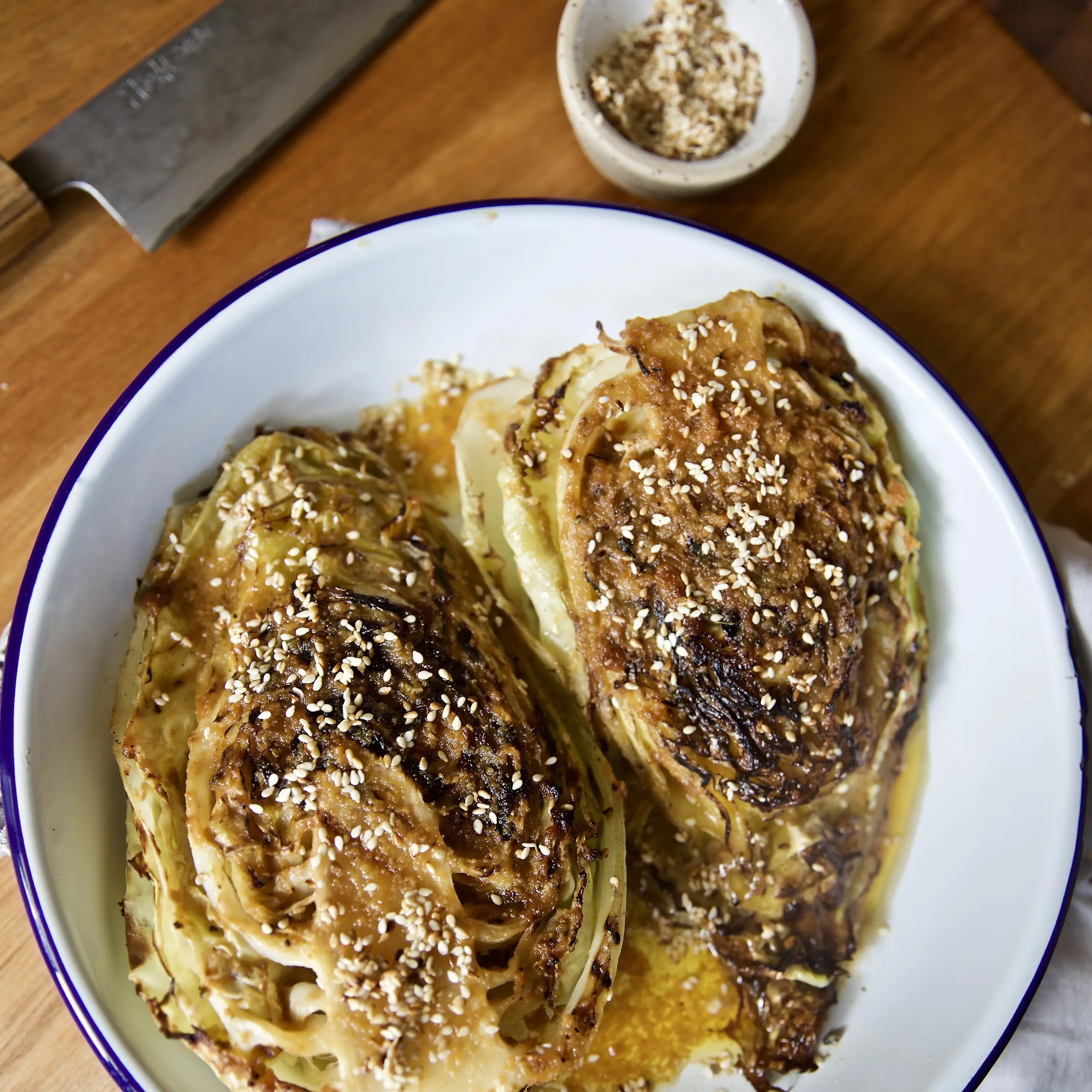 Charred hispi (cone) cabbage with miso and sesame butter