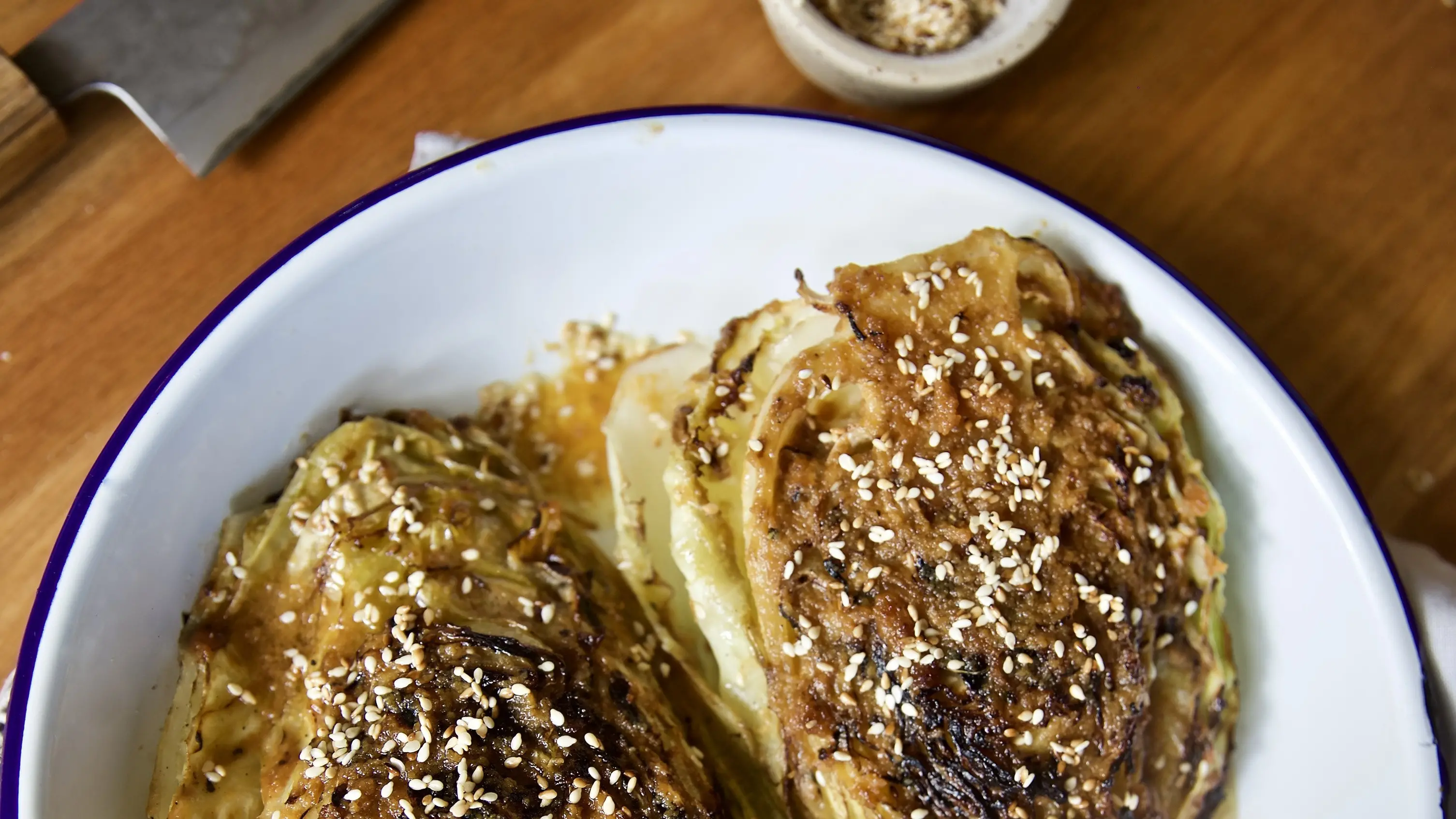 Charred hispi (cone) cabbage with miso and sesame butter