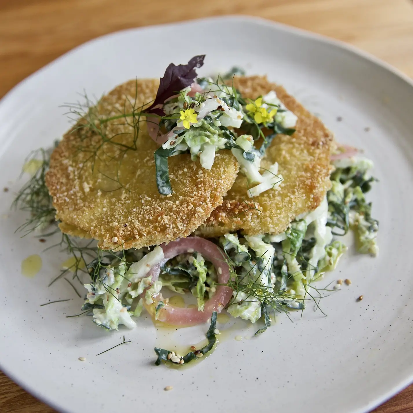 Crispy fried kohlrabi with a yoghurty slaw