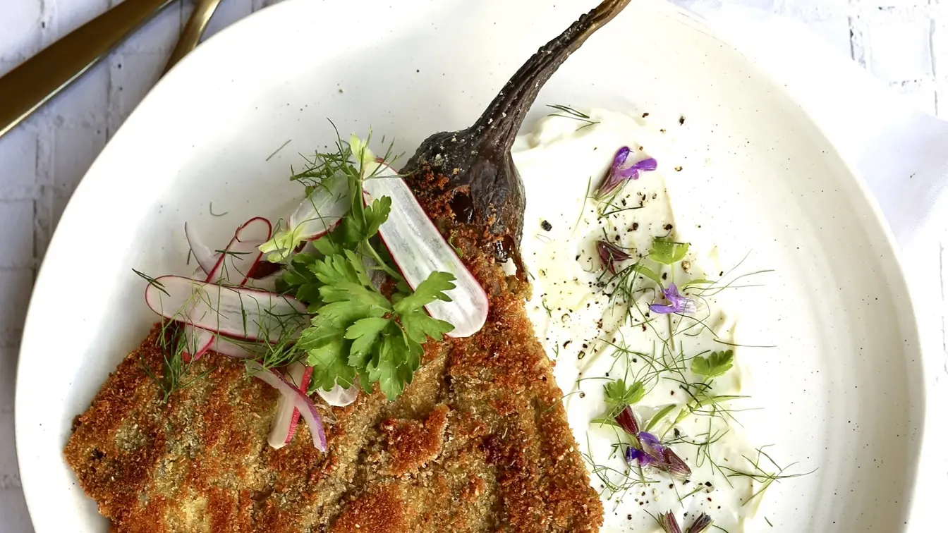 Aubergine schnitzel with lemon and yoghurt
