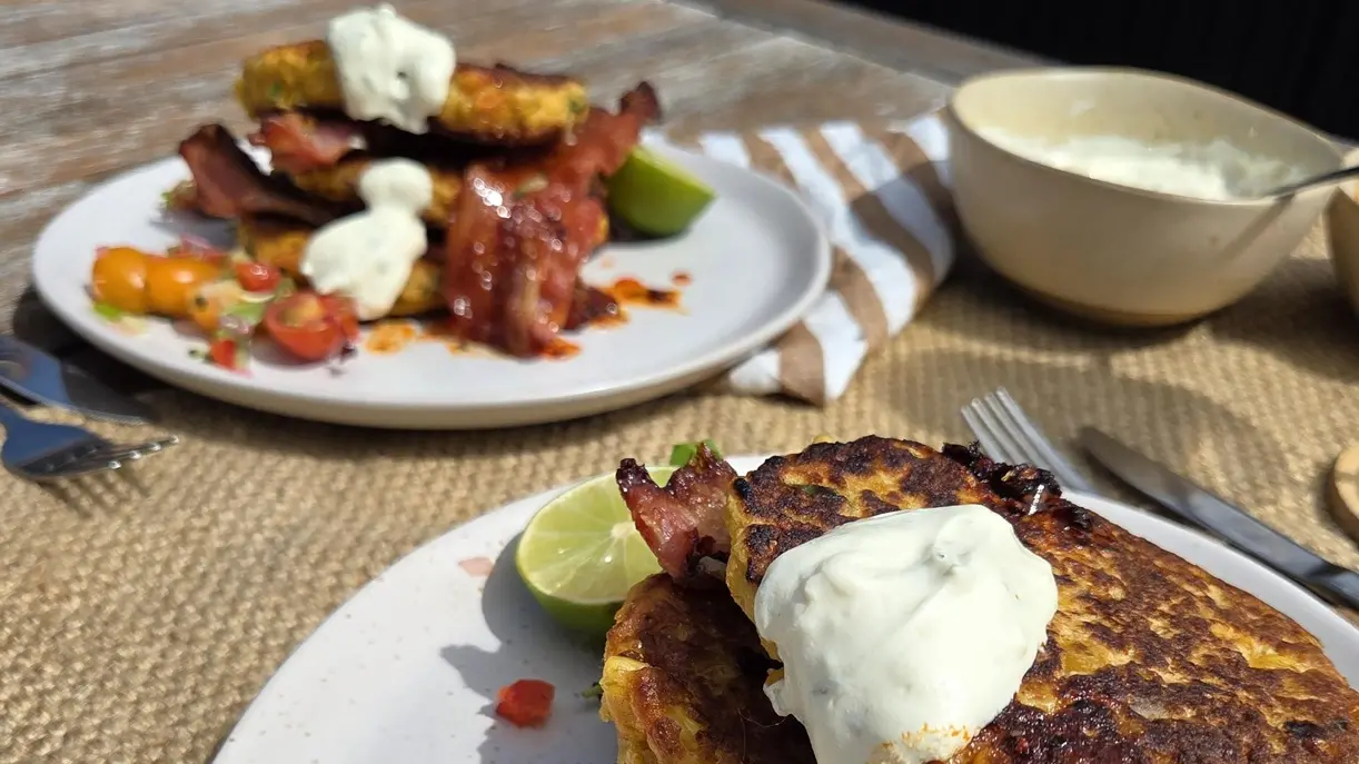 Corn fritters with bacon, lime cream & hot honey