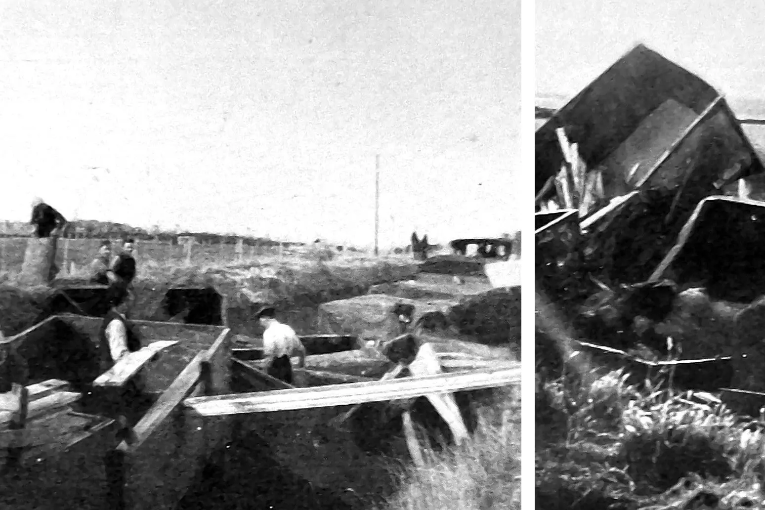 Seven wagons of a mixed train from Tuatapere to Invercargill lie strewn about the railway after they derailed near Orepuki, Southland on July 30.  Photo: Otago Witness, issue 3778, August 10, 1926, page 41
