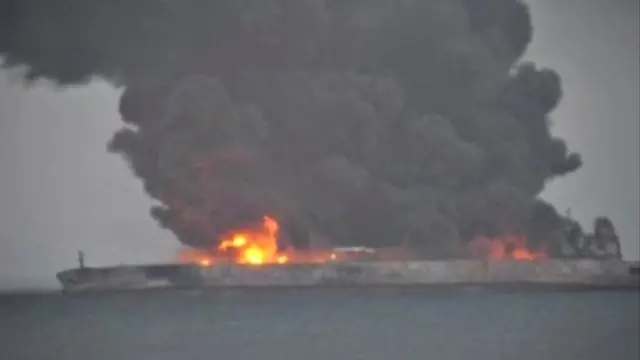 Iranian oil tanker still ablaze after collision