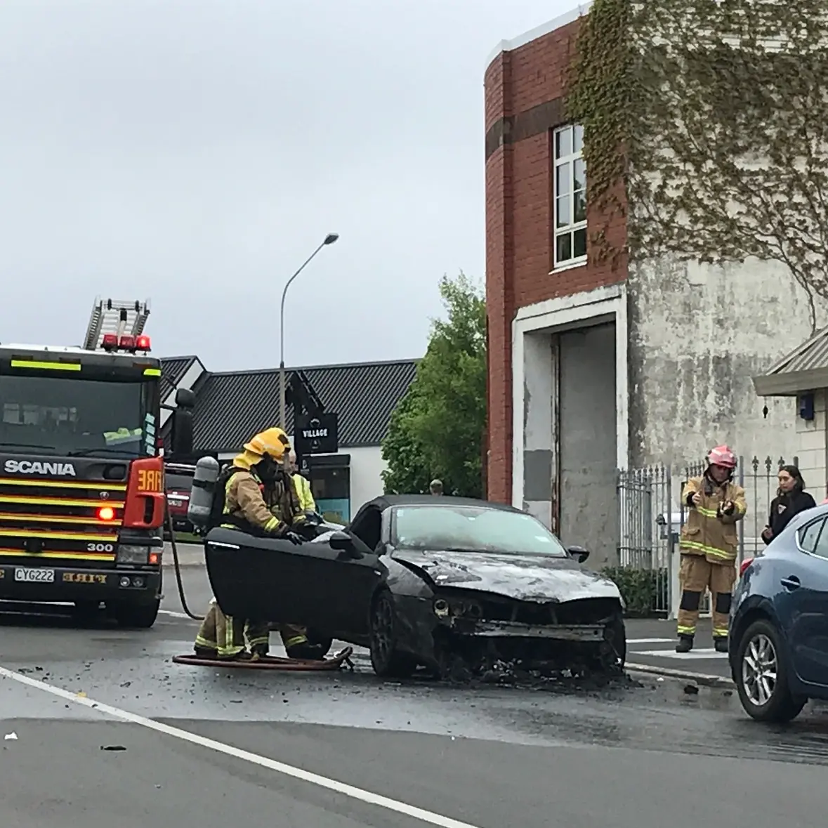 Convertible catches fire in Roslyn