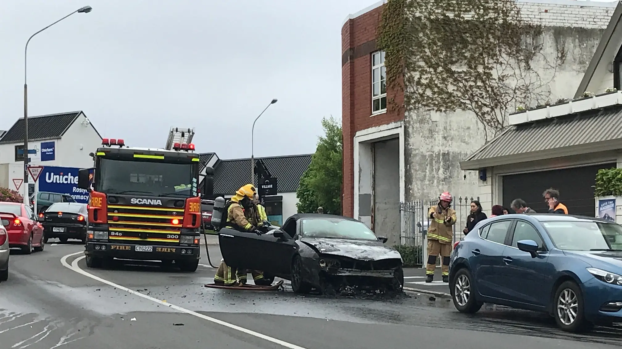 Convertible catches fire in Roslyn