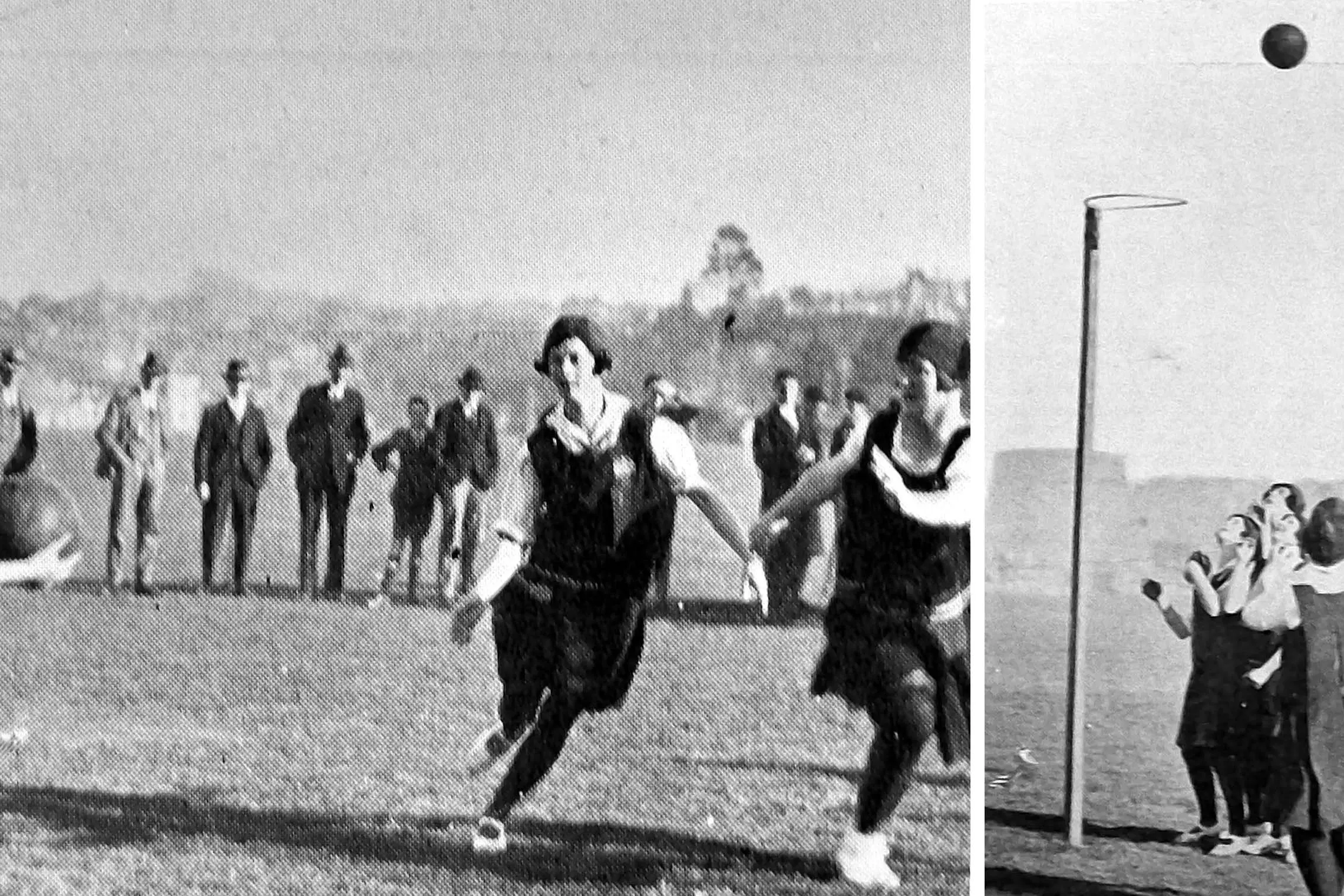 Student teachers from Christchurch and Dunedin training colleges compete in \"basketball\" (as netball was then known). Photo: Otago Witness, issue 3799, August 17 1926, page 41
