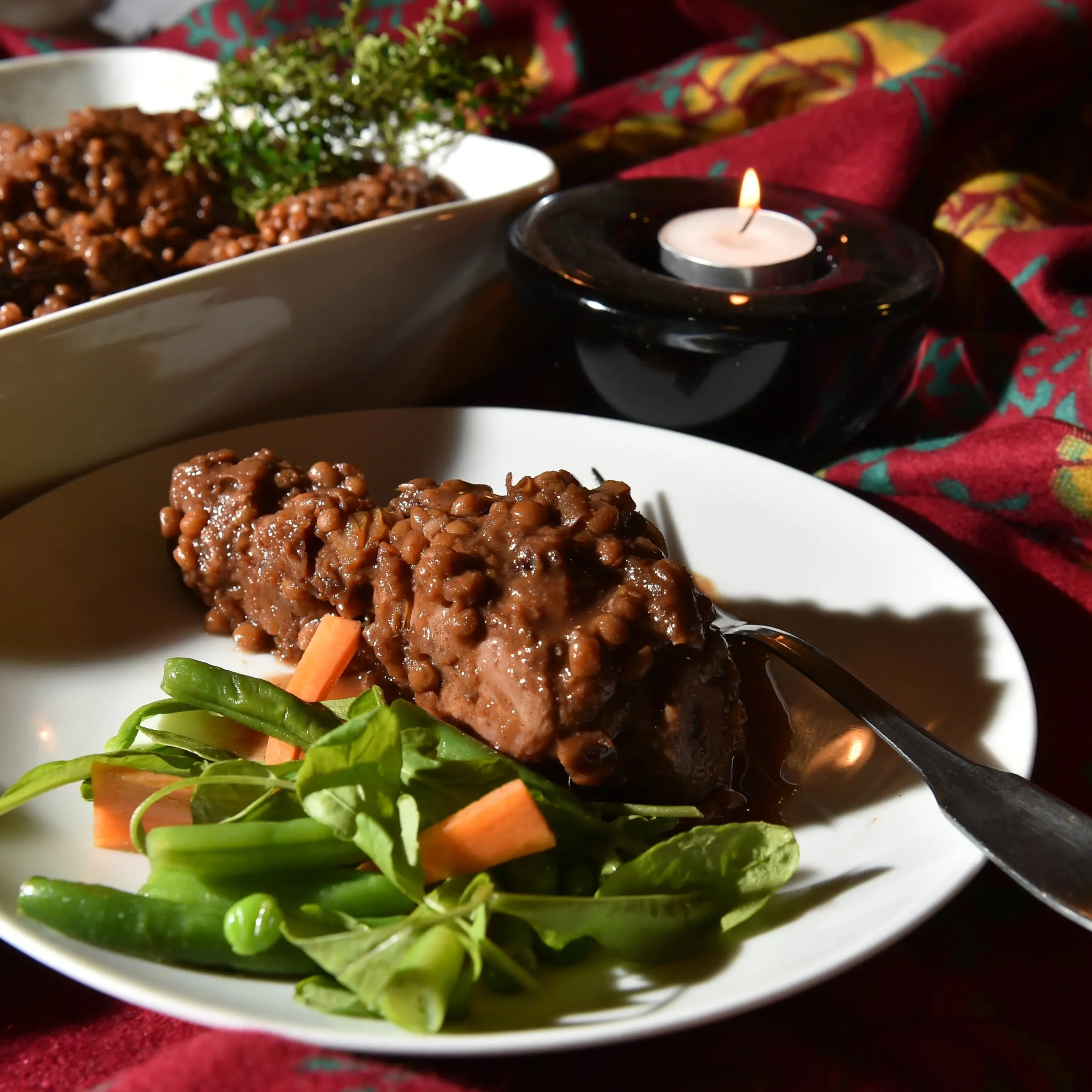 One pan chicken with red wine and lentils