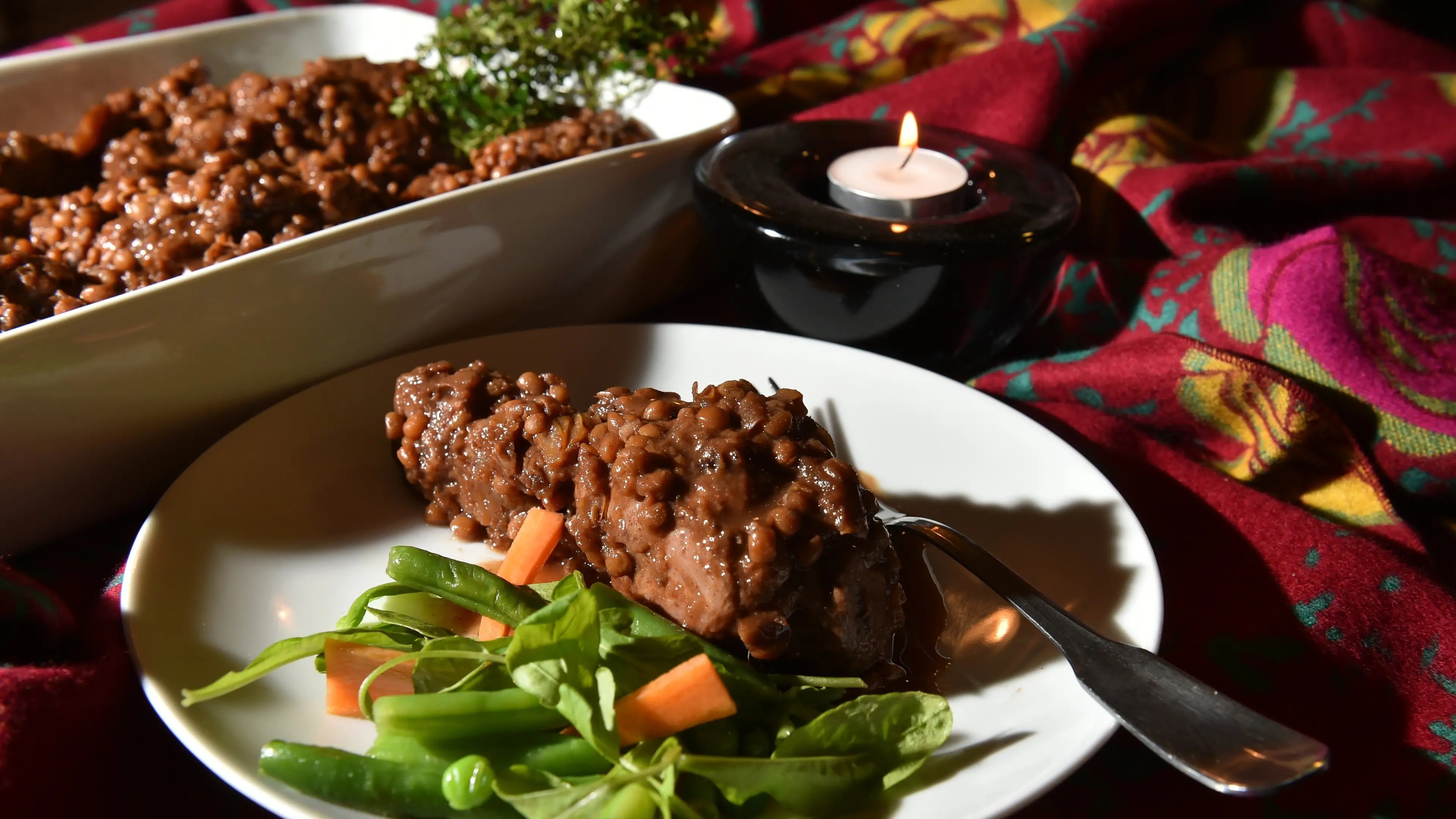 One pan chicken with red wine and lentils