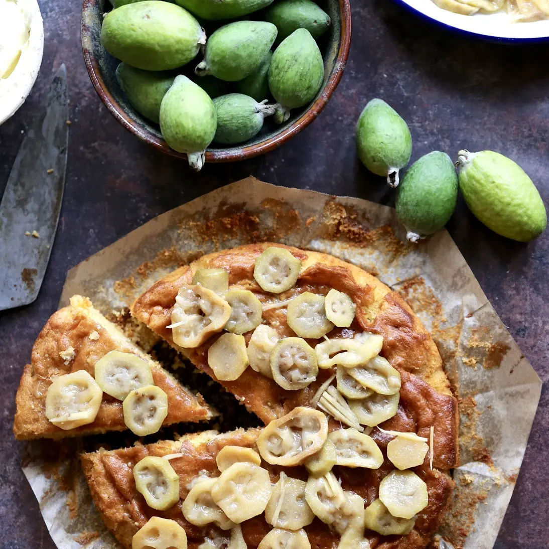 Honey and polenta cake with ginger poached feijoas