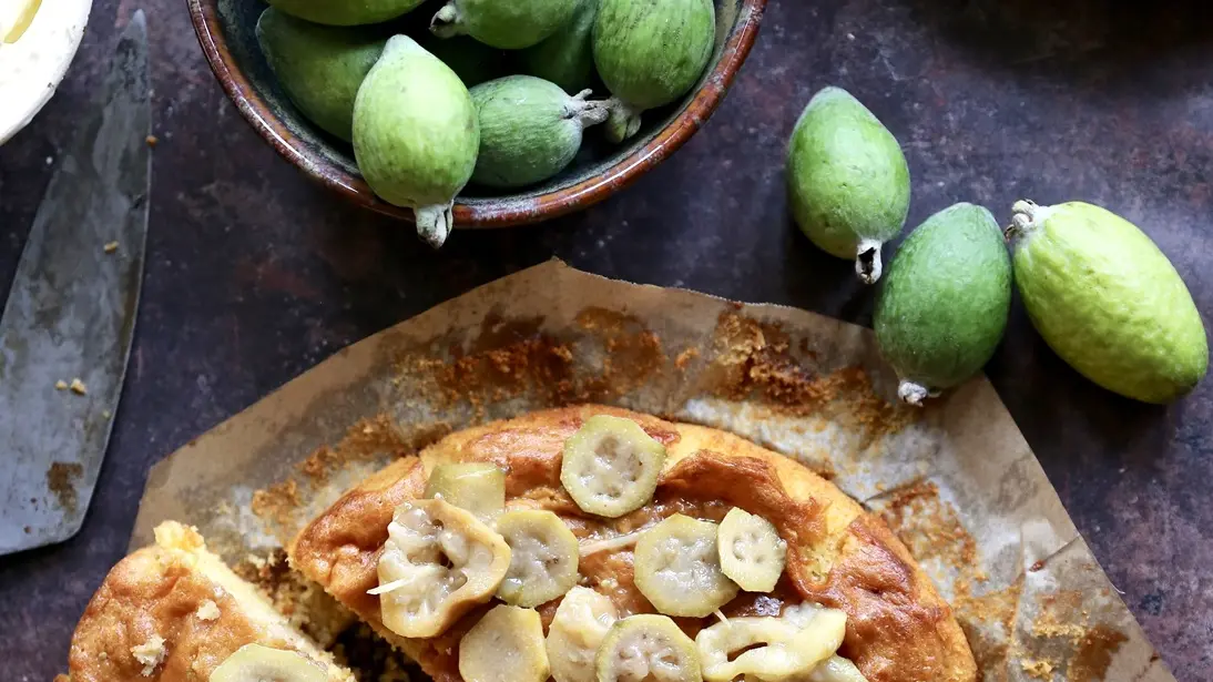 Honey and polenta cake with ginger poached feijoas