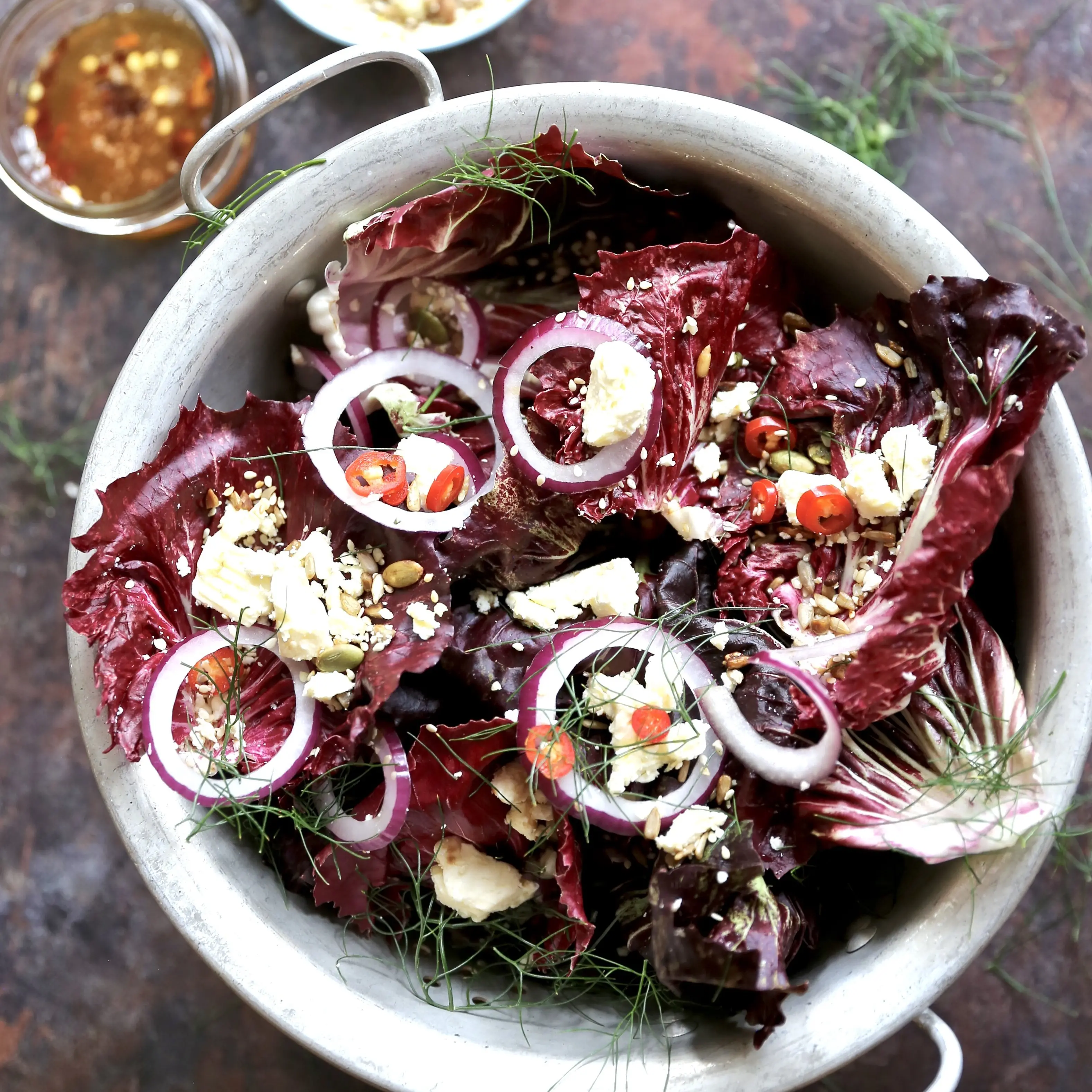 Radicchio salad with feta, toasted seeds and hot honey