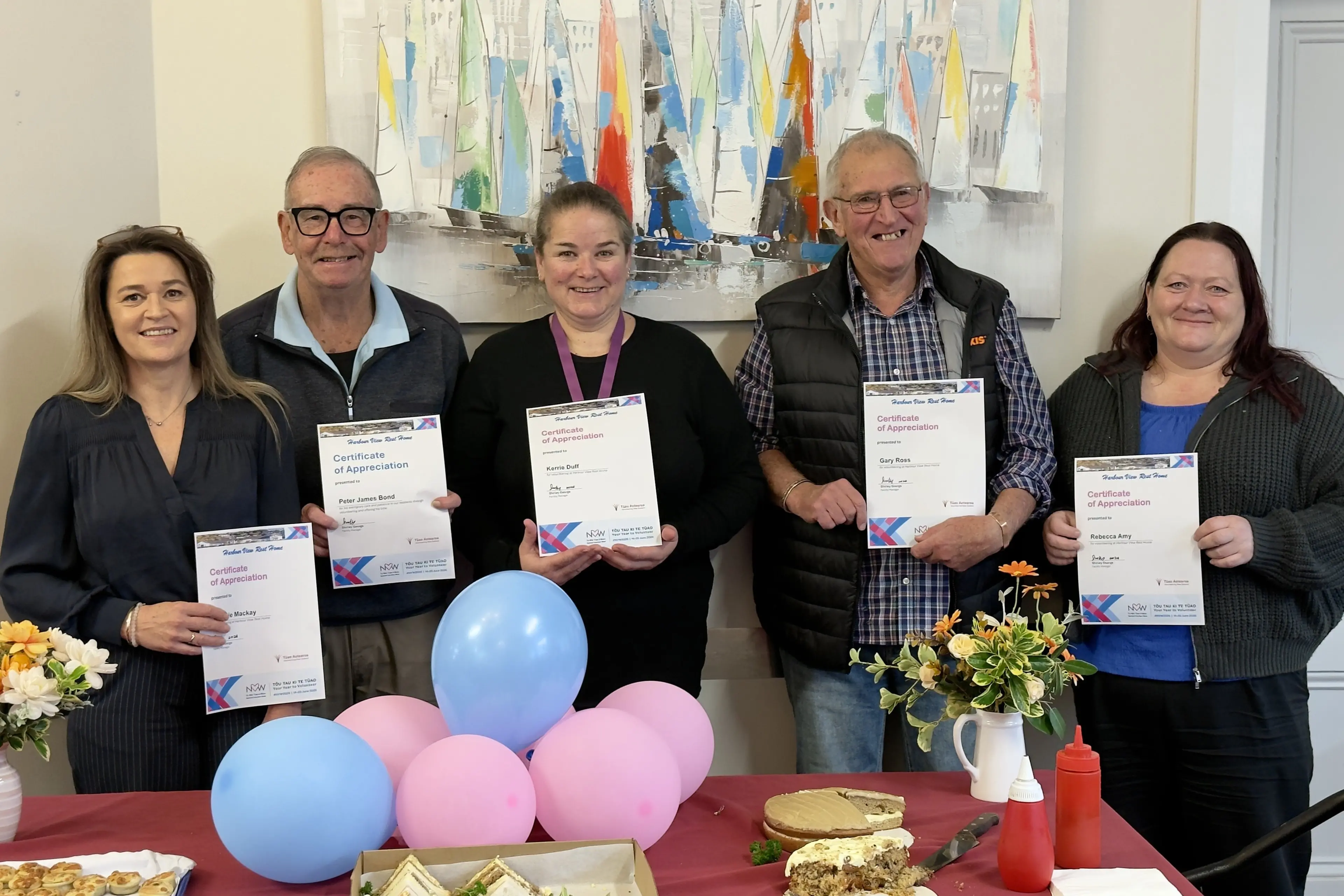 Harbour View Rest Home volunteers (from left) Melanie Mackey, Peter James Bond, Kerrie Duff, Gary Ross and Rebecca Amy with their volunteer appreciation certificates. Acknowledged but absent: Ann Piner, Waitaki Boys\\' High School, David Beattle and Ralph Sherwood. Photo: Supplied