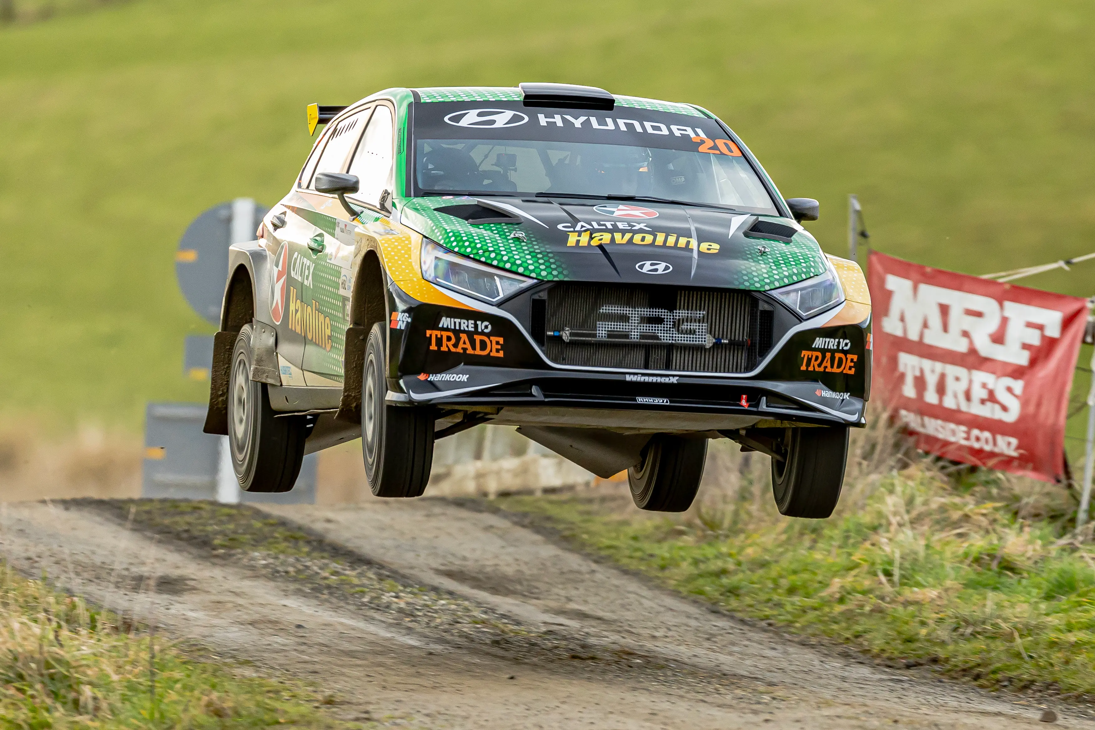 Hayden Paddon, of Cromwell, and Jared Hudson fly high on their charge to victory in the 2026 Barry Robinson Memorial Rally Southland in their Hyundai i120N Rally2 on Saturday. Photo: Graeme Fraser