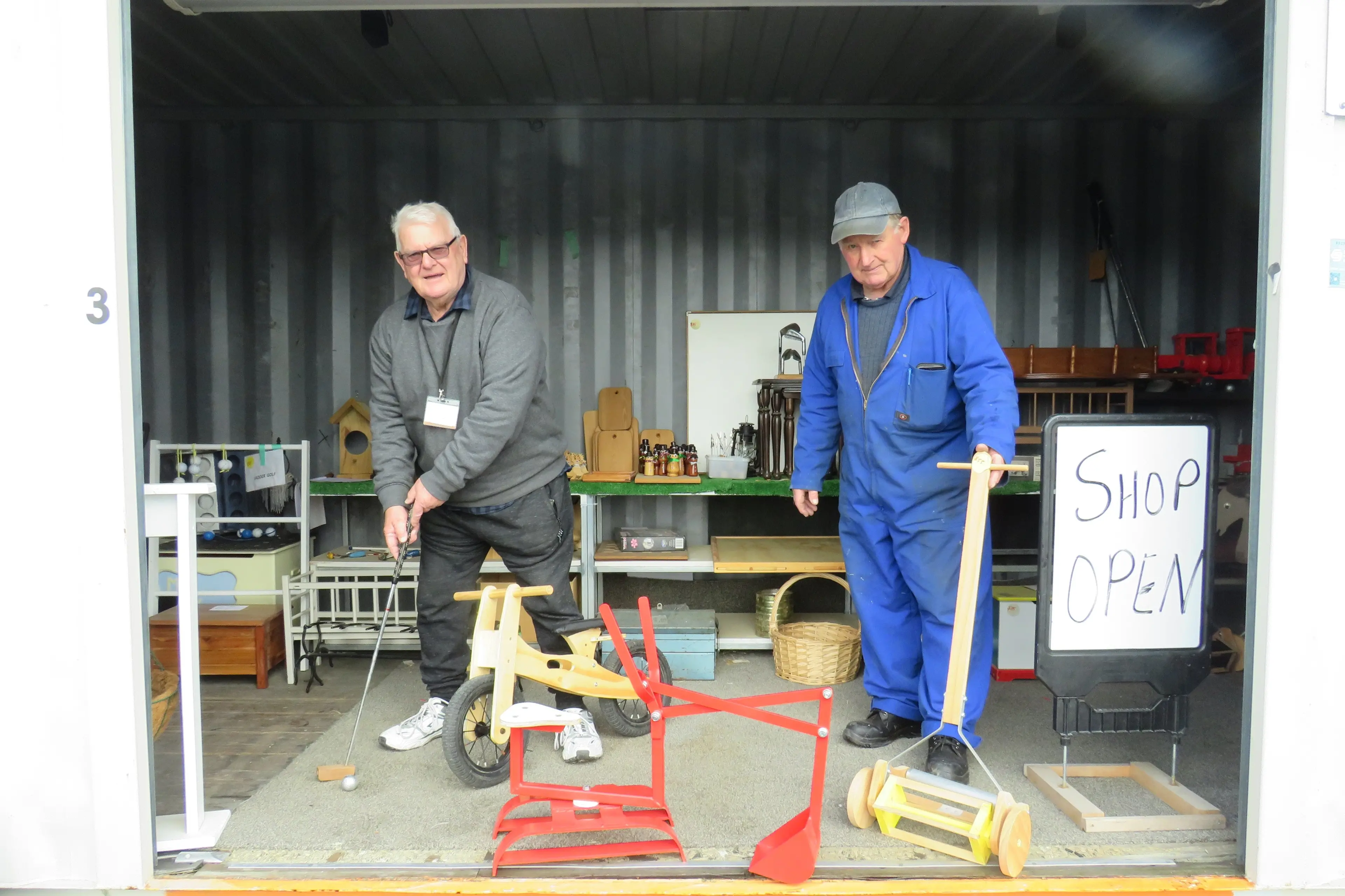Ashburton MenzShed members Jim Hobbs, at left, and president Murray Page showcase some of the most popular items in the organisation\\'s shop. Photo: Dellwyn Moylan