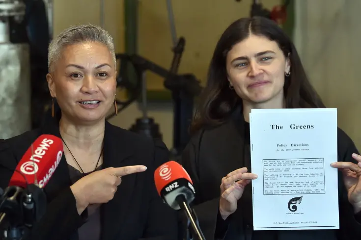 Green Party co-leaders Marama Davidson (left) and Chl\\u00F6e Swarbrick announce the party\\u2019s energy plan at the Dunedin Gasworks Museum today. Photo: Peter McIntosh