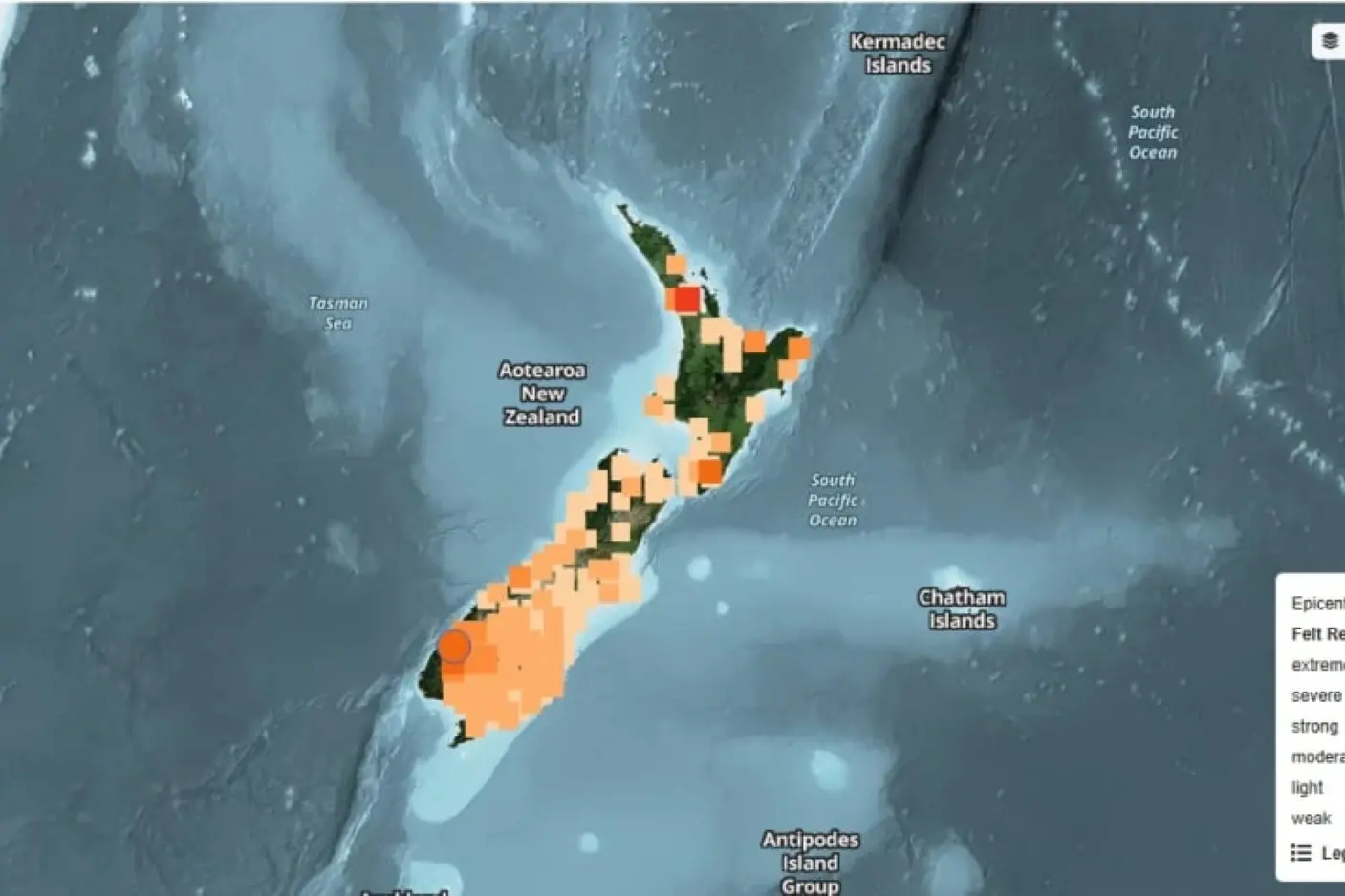 Earthquake map ex GeoNet\\rTe Anau earthquake felt around NZ