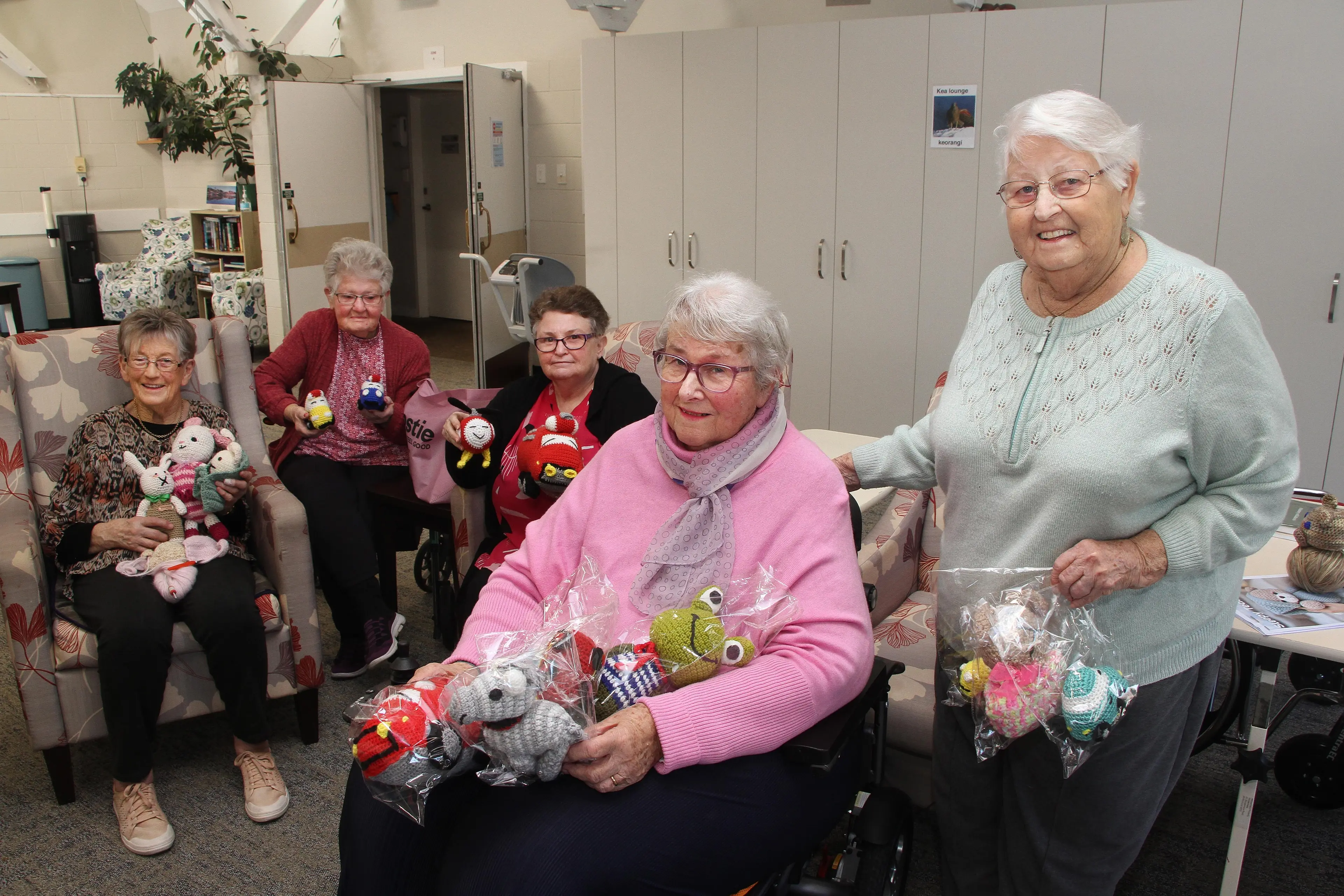 Social and friendly . . .The knitters conversation group at Holmwood Lifecare in Rangiora are (from left) Lorna Kitto, Dorothy De Maine, Shona Lamplugh, Sue Davy and Jean Reed. Photo: John Cosgrove