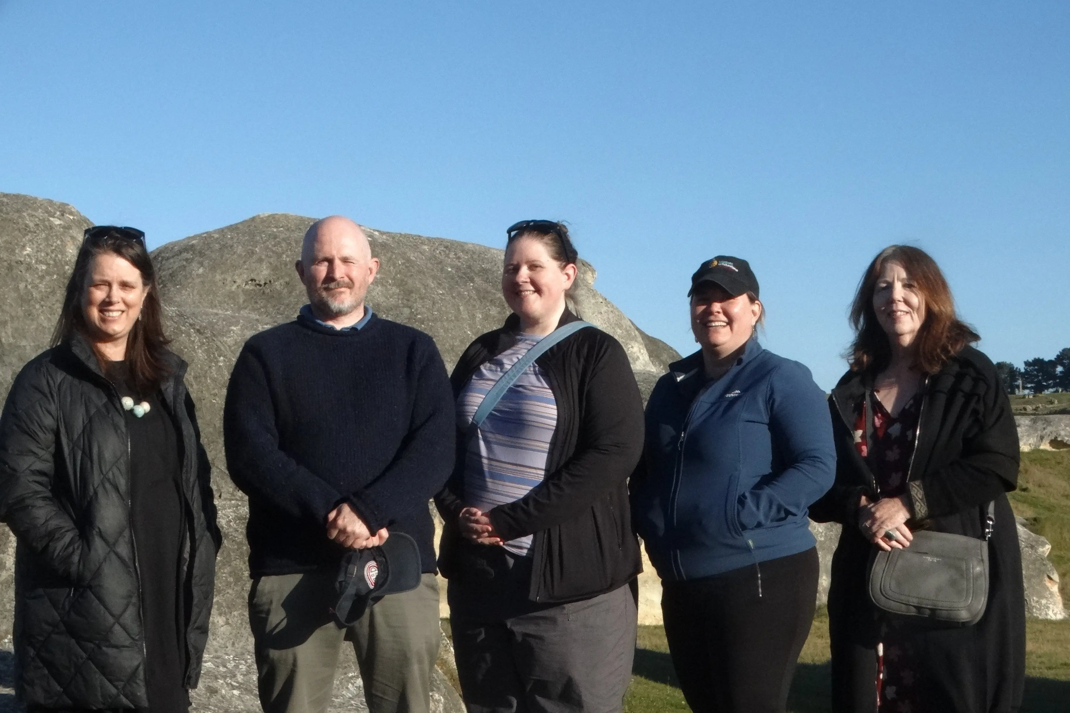 Pictured at the Elephant Rocks on Monday are (from left) Waitaki Whitestone Geopark geologist Sasha Morriss, Smithsonian Institution fossil marine mammals curator Nick Pyenson, vertebrate fossil collections manager Amanda Millhouse, University of Otago associate professor and newly appointed geopark science advisory board person Carolina Loch and geopark manager Lynley Browne. Photo: Nic Duff
