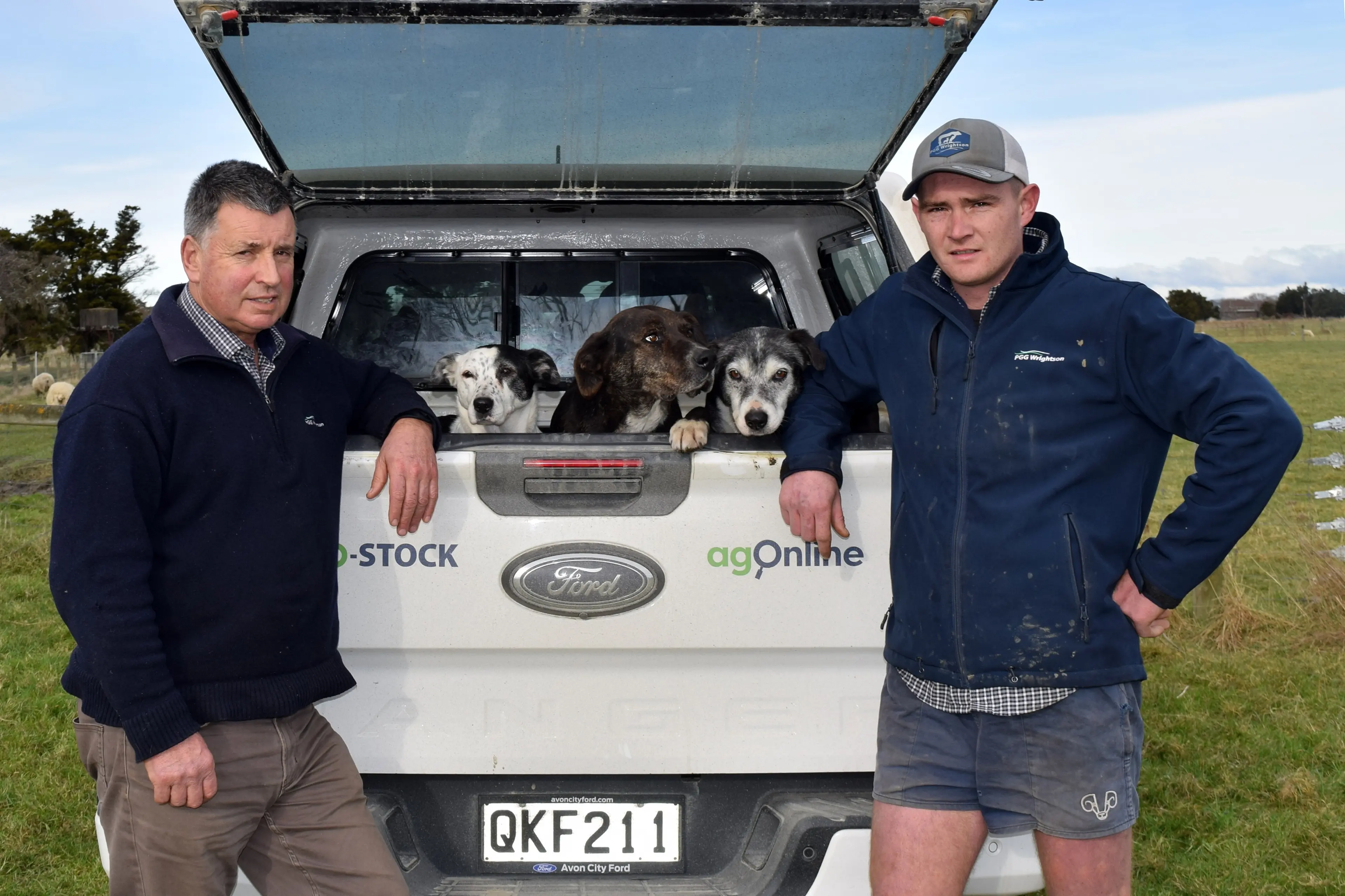 Organising a working dog sale in Balclutha on August 12 are PGG Wrightson agents Craig Dempster (left) and Mark Calder, with\\u00A0his dogs (from left) Rose, Junior and Ant. Photo: Shawn McAvinue