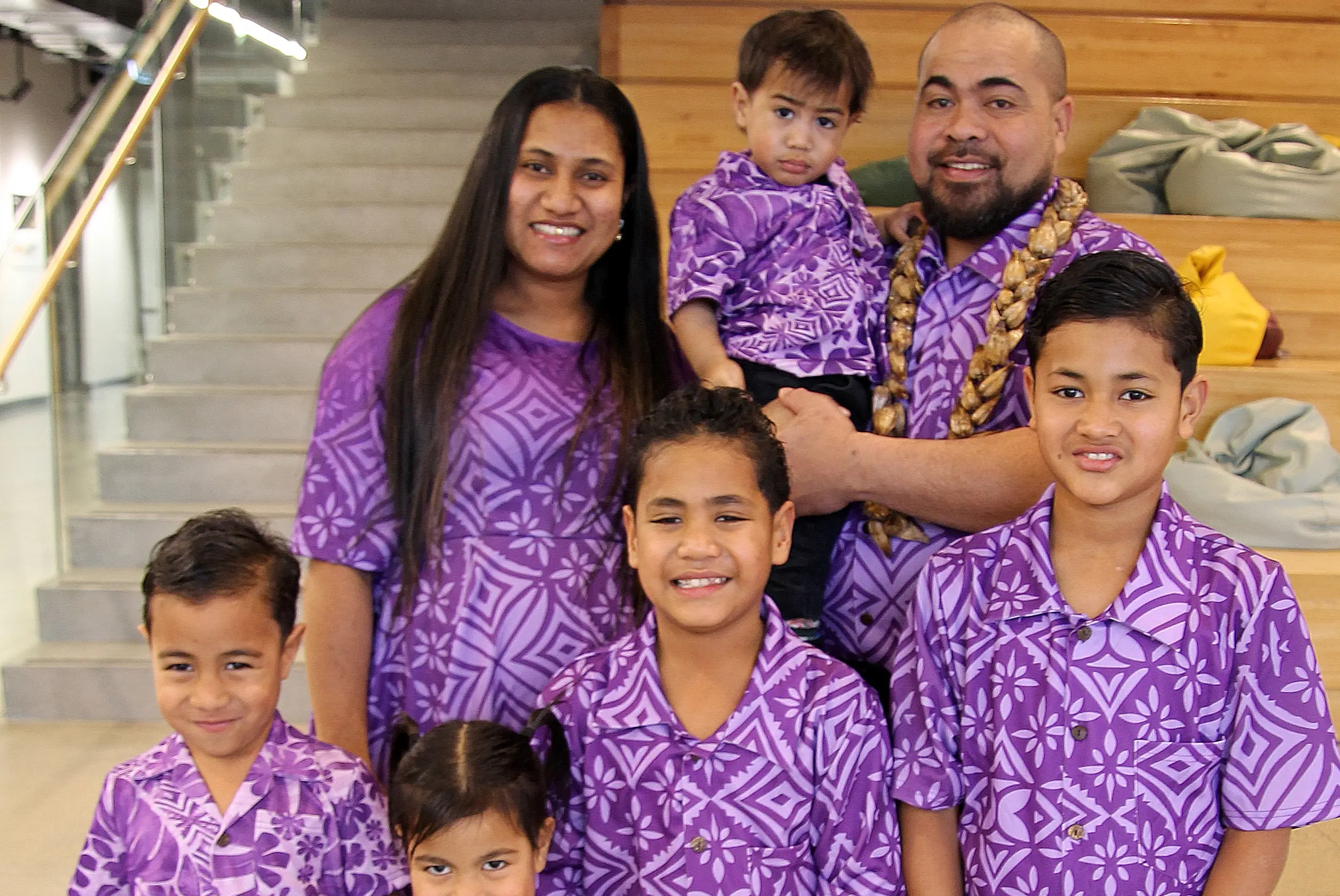 Roni Loloane with wife Fuatino and children, from left, Calatia, 5, Tinamateati, 3, Fatuga, 7, Loloane Loloane, 1, and Zachariah, 9, at Clutha\\'s citizenship ceremony held at Te Pou \\u014C Mata-Au, Clutha District War Memorial and Community Centre this week. Photo: Nick Brook