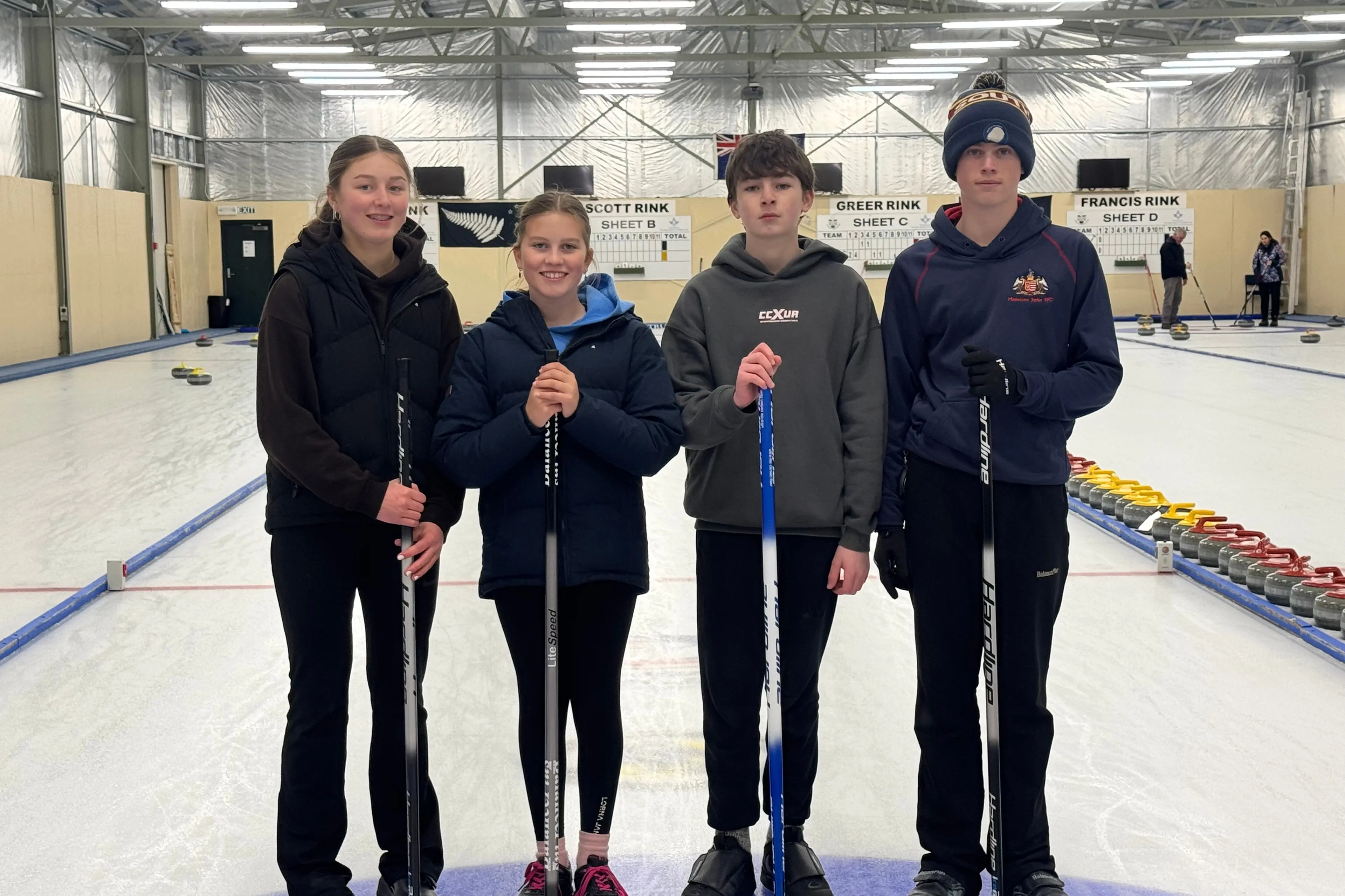 The four Maniototo young people selected to attend a World Curling Association development camp in Norway in August, from left, Indianna Hepi, Kaylah McAuley, Andrew Becker and Jonty Russell.  Photo: Supplied
