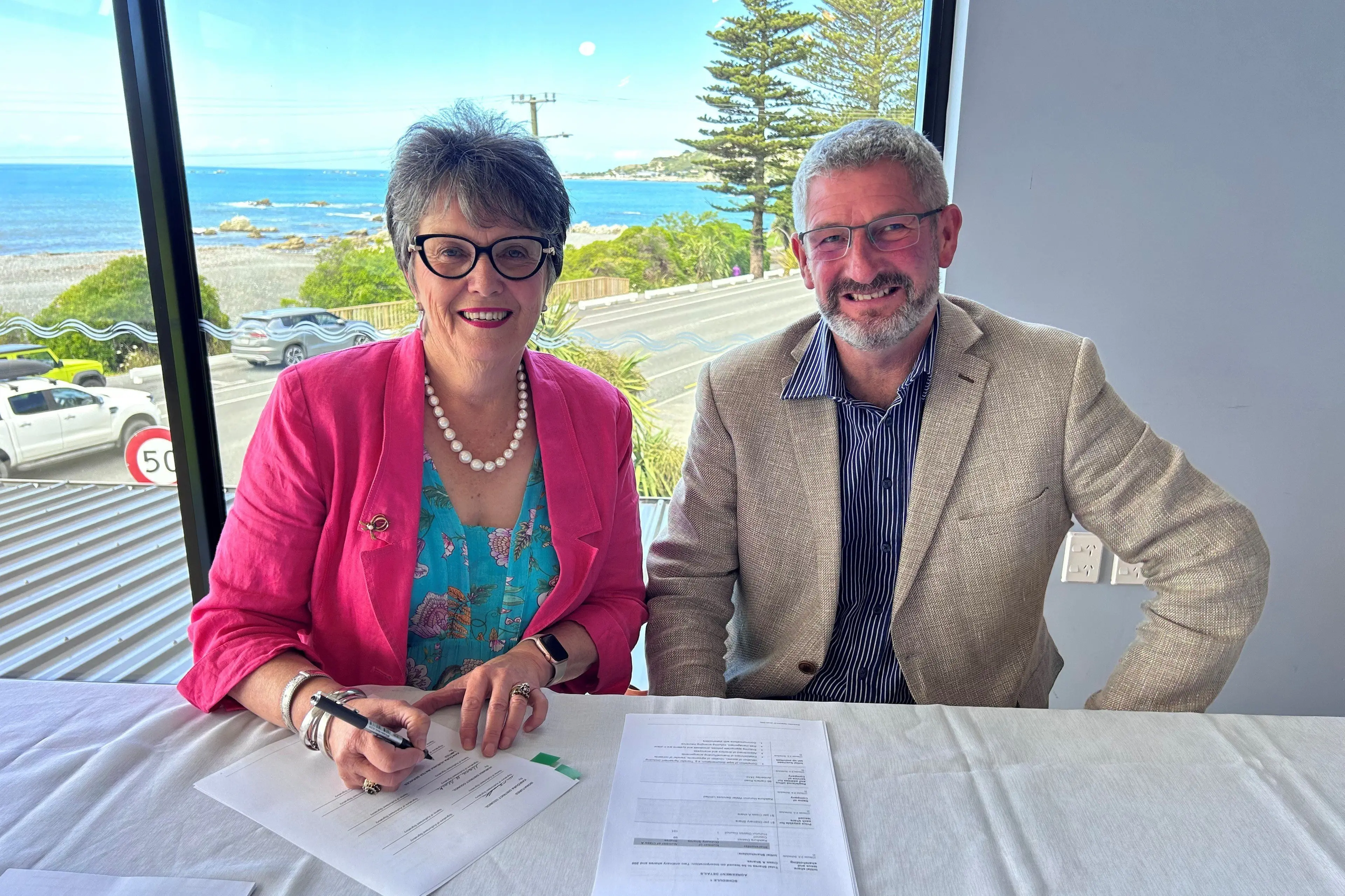 New entity . . . Hurunui Mayor Marie Black (left) and Kaik\\u014Dura Mayor Craig Mackle sign the agreement to form Kaik\\u014Dura Hurunui Water Services Ltd earlier this year. Photo: Supplied by Hurunui District Council