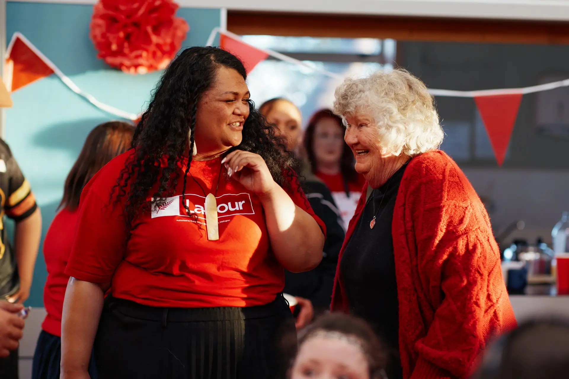 Labour Rangitata candidate Sange Malama speaks with Labour stalwart Julia Mansel at her campaign launch. Photo: Supplied