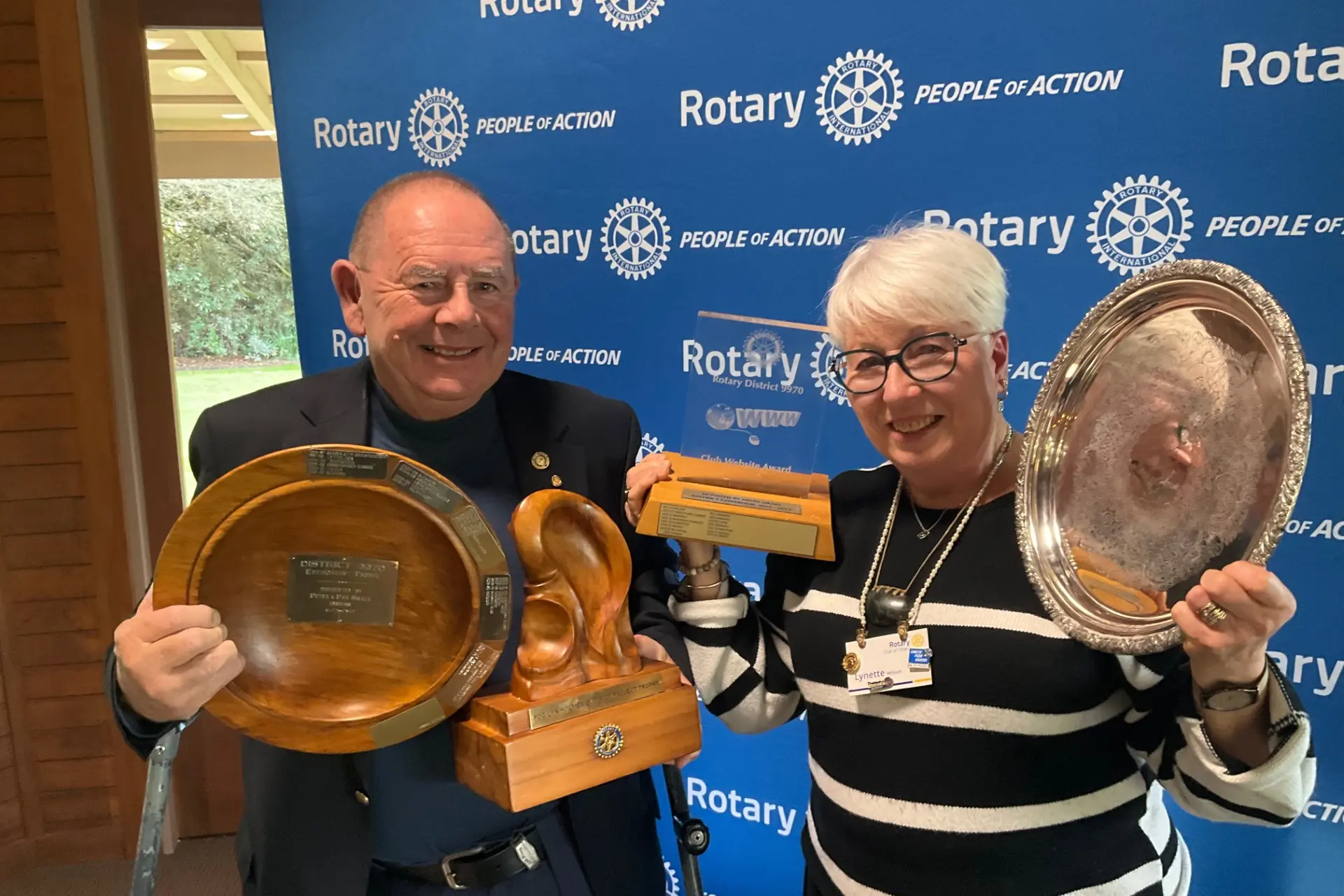 Rotary Club of Timaru president Lionel Wilson with the environmental award and project award and club secretary Lynette Wilson with the social media award and photo award at the changeover presentation. Photo: Supplied