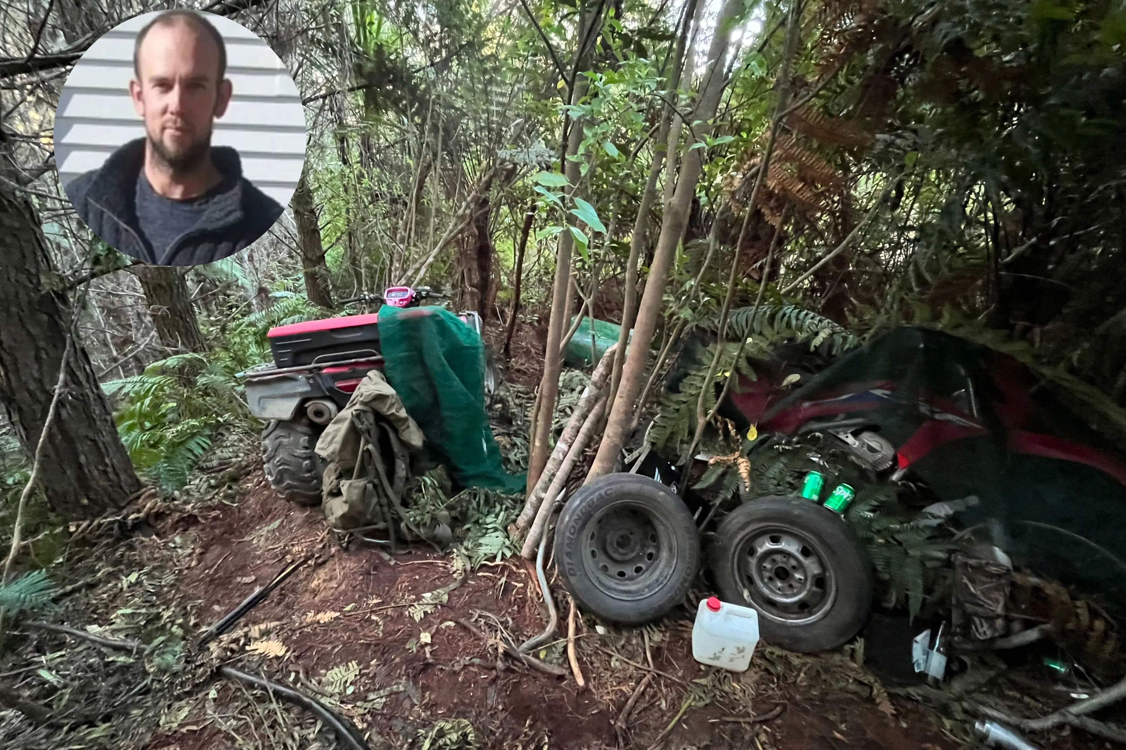 Tom Phillips and one of the campsites he used in Waikato. Photo: RNZ and NZ Police