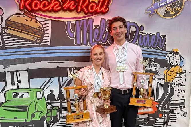 O\\'Leah Peterson and Sebastien Fabre after winning the World Freestyle Competition in Brisbane. Photo: supplied