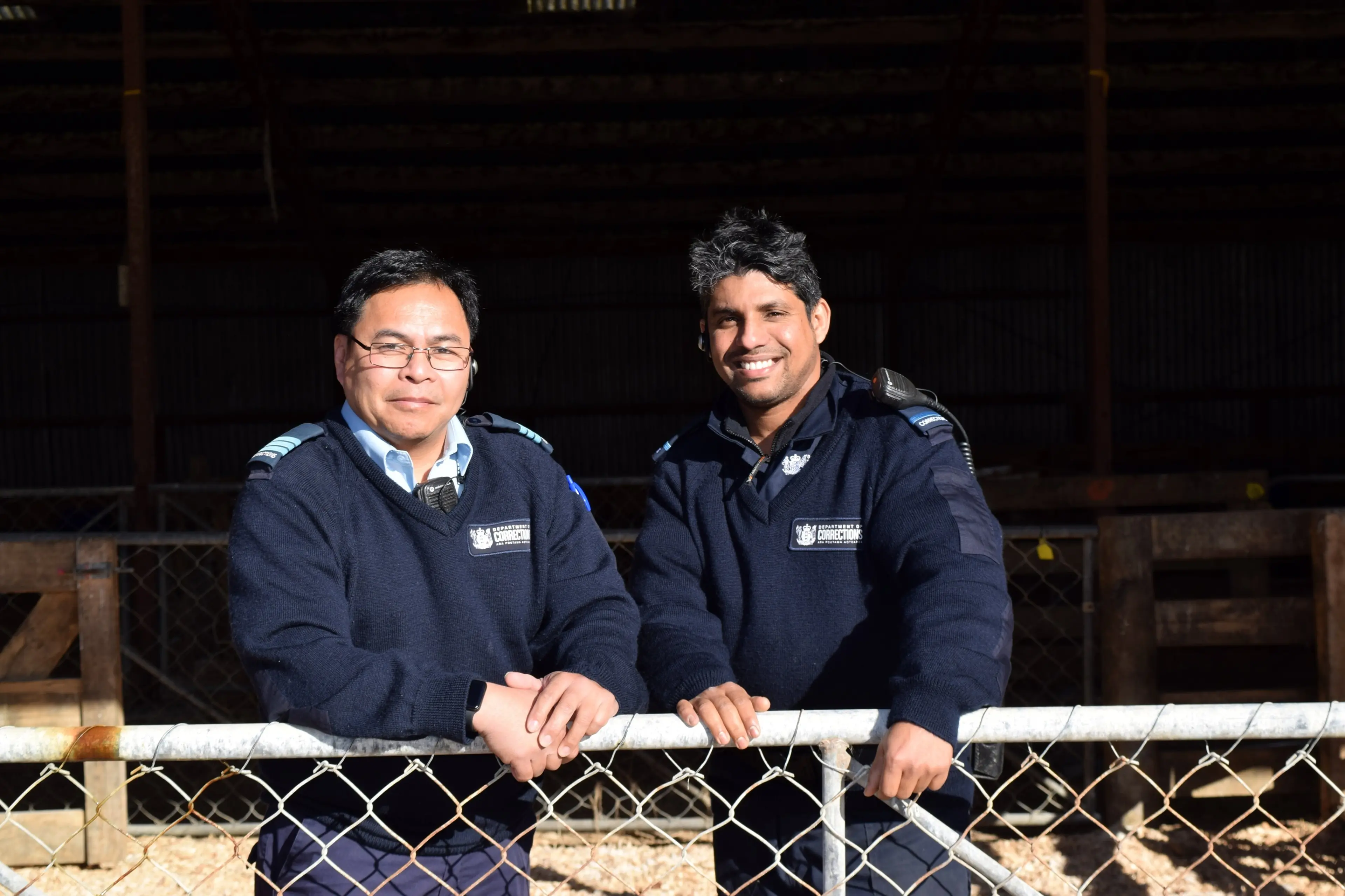 Prisoners are learning new skills on a dairy farm surrounding Otago Corrections Facility in South Otago. Shawn McAvinue talks to Department of Corrections dairy instructors Robert Reyes (left) and Prabath Ariyarathna about their motivation for taking on their roles and if dairy farmers should give inmates jobs on release. Photo: Shawn McAvinue