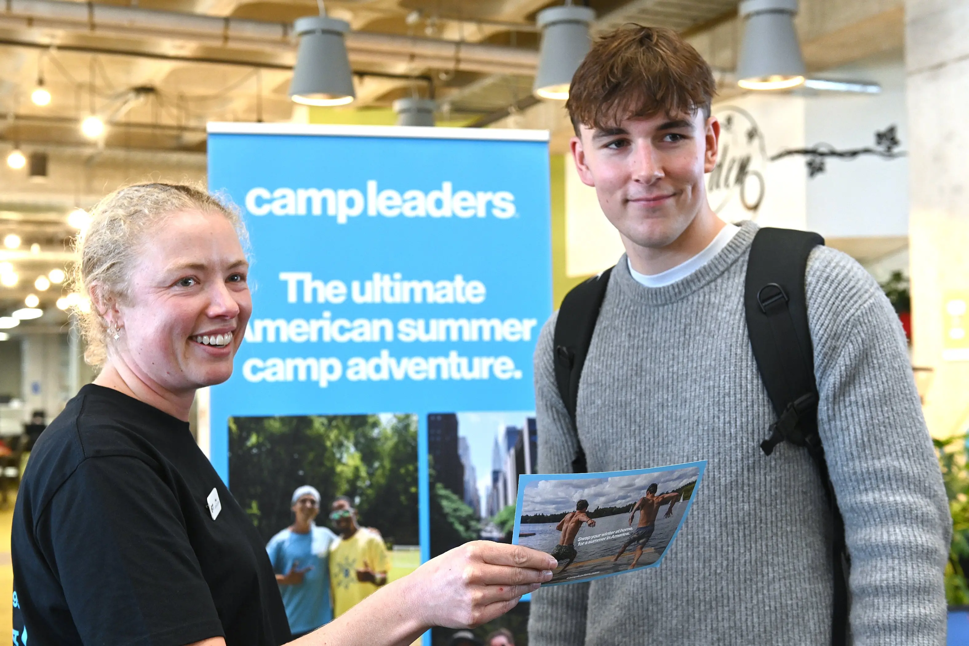 Camp Leaders New Zealand programme co-ordinator Penny Thorpe talks about options for summer camps in America with Otago Polytechnic civil engineering student Xavier Liddell, at the Otago Polytechnic Employment Expo yesterday. Photo: Linda Robertson