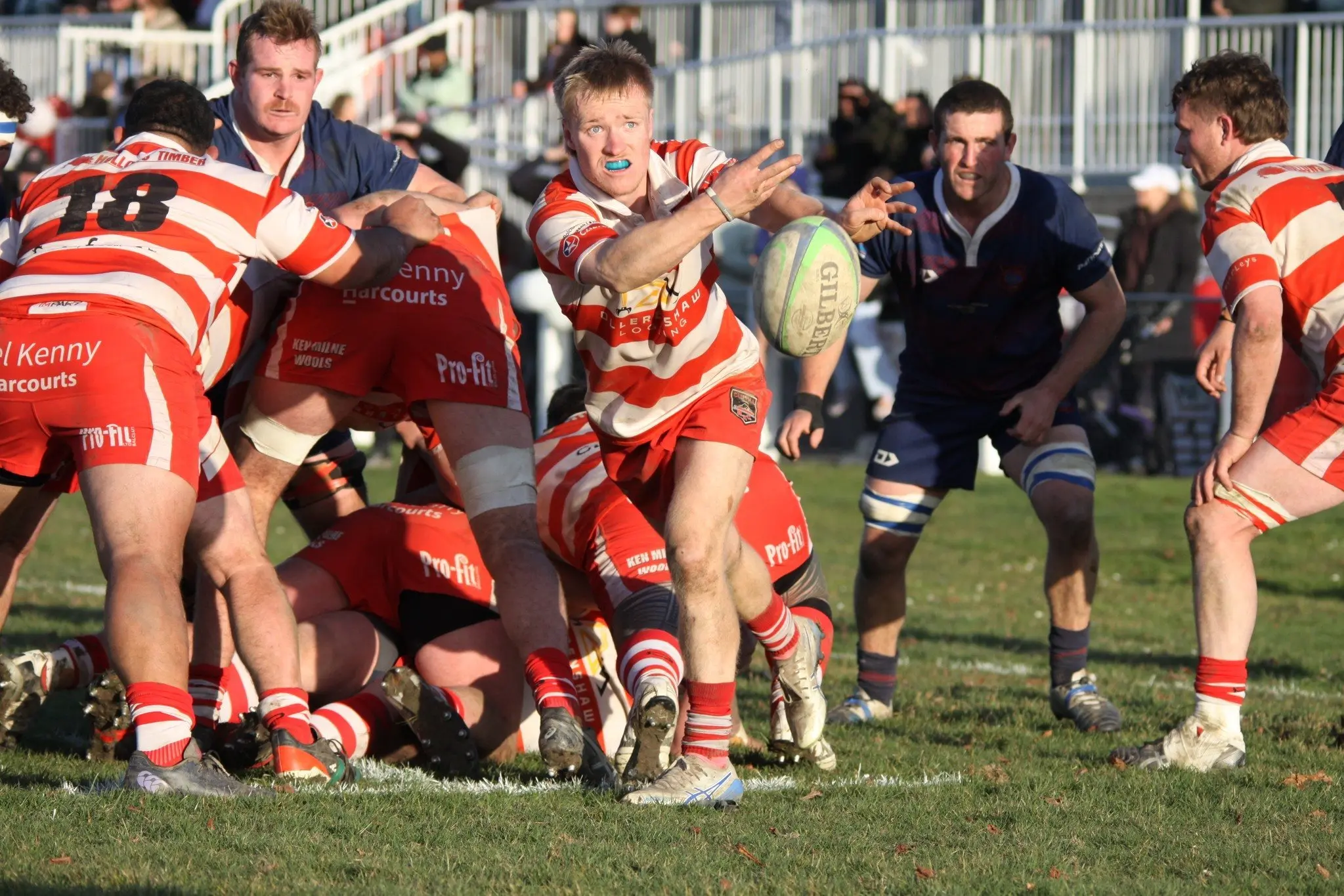 Clutha halfback Sam Stratford clears the ball during the 2025 Southern Region club rugby final against West Taieri at the Balclutha Showgrounds. The teams meet in a rematch on Saturday. Photo: JPH Sports Photography