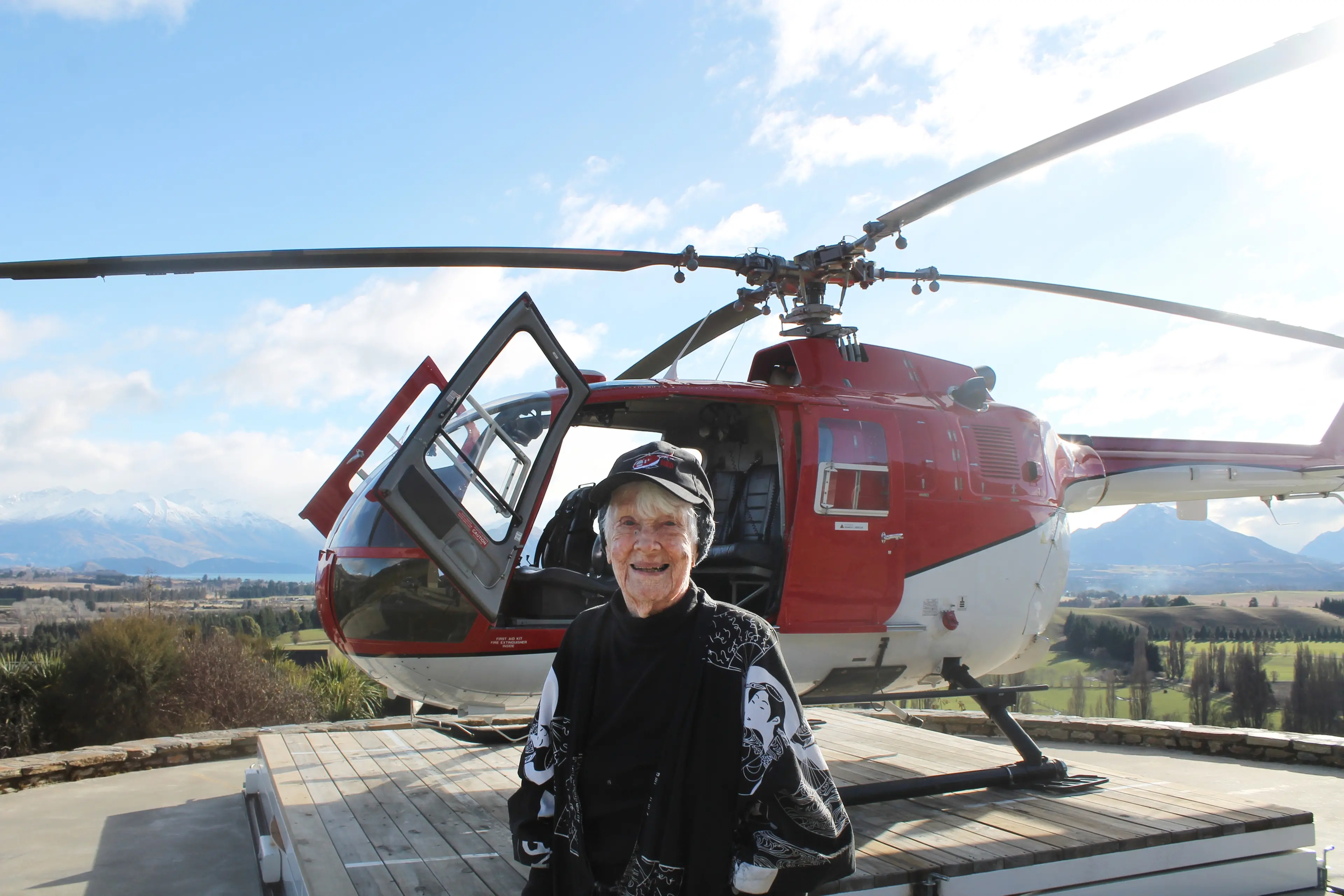Centenarian Ola Reeve after ticking off the last activity on her bucket list, to go for a ride in a helicopter. Photo: Evie Sinclair