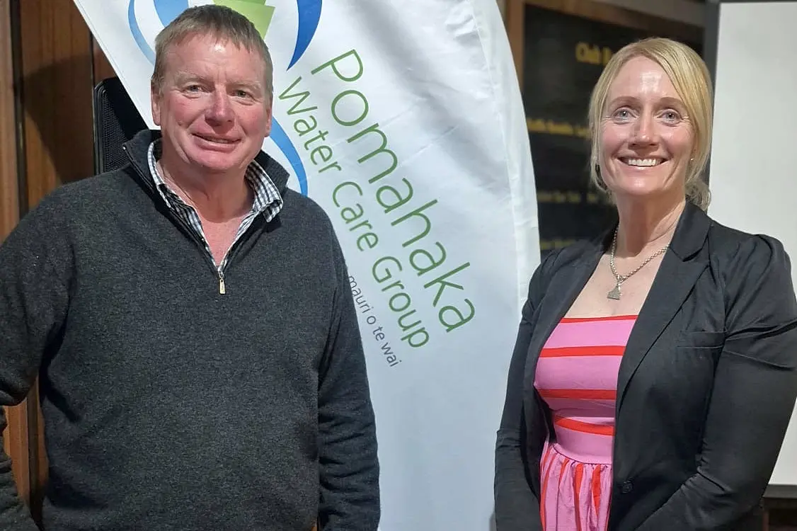 Pomahaka Water Care Group chairman Peter Adam and guest speaker, North Otago sheep and beef farmer and Ballance environmental award winner, Jane Smith, at the group\\'s annual meeting last week. Photo: Judy Miller