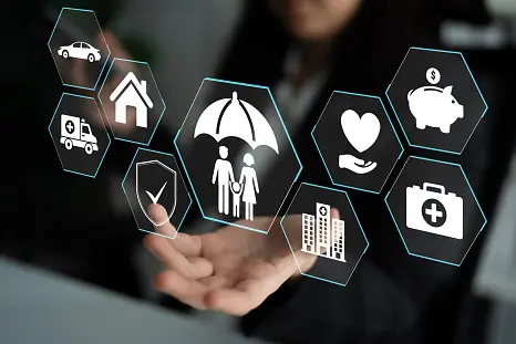This image showcases a digital representation of insurance concepts with various icons symbolizing safety and finance in a modern business setting, emphasizing innovative solutions. : Photo: Getty Images
