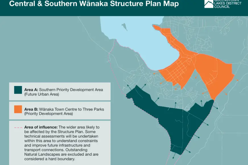 Map illustrating the areas identified for development in Queenstown-Lakes District Council\\'s Central & Southern Wanaka Structure Plan. The development of Southern Wanaka - shaded in dark green - is set to be guided by a citizens\\' assembly. Photo: Supplied