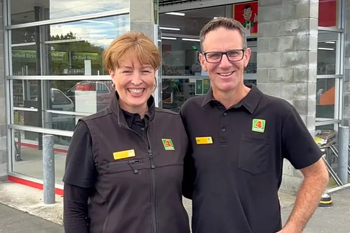 New Tokomairiro Four Square owners Ruth and Phil Bell face ongoing roadworks outside the store. Photo: Supplied