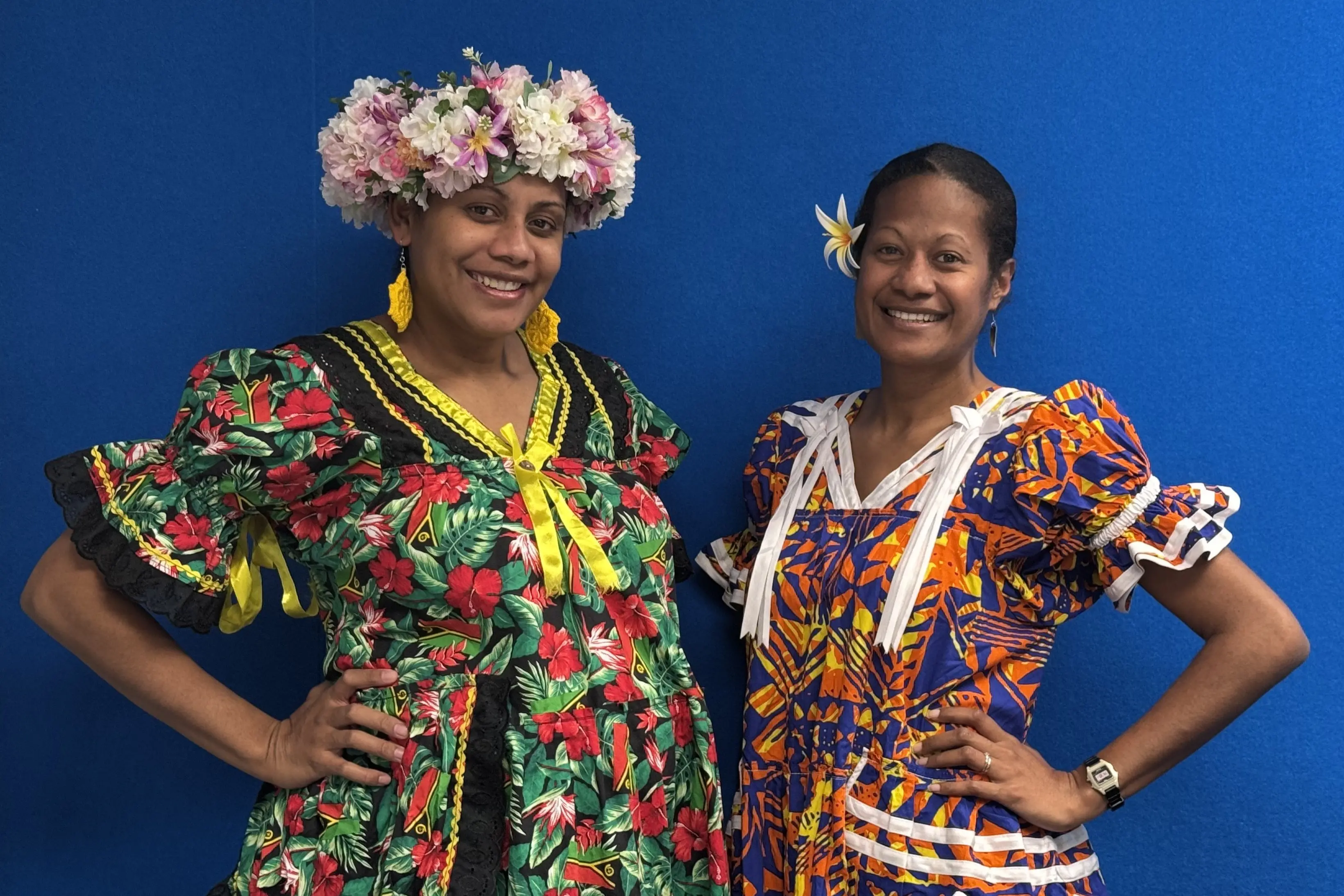 Katrina Lani Litenmal (left) and Genista Stephen co-host Vanuatu Bislama \\rLanguage Week content on OAR FM. Photo: Supplied