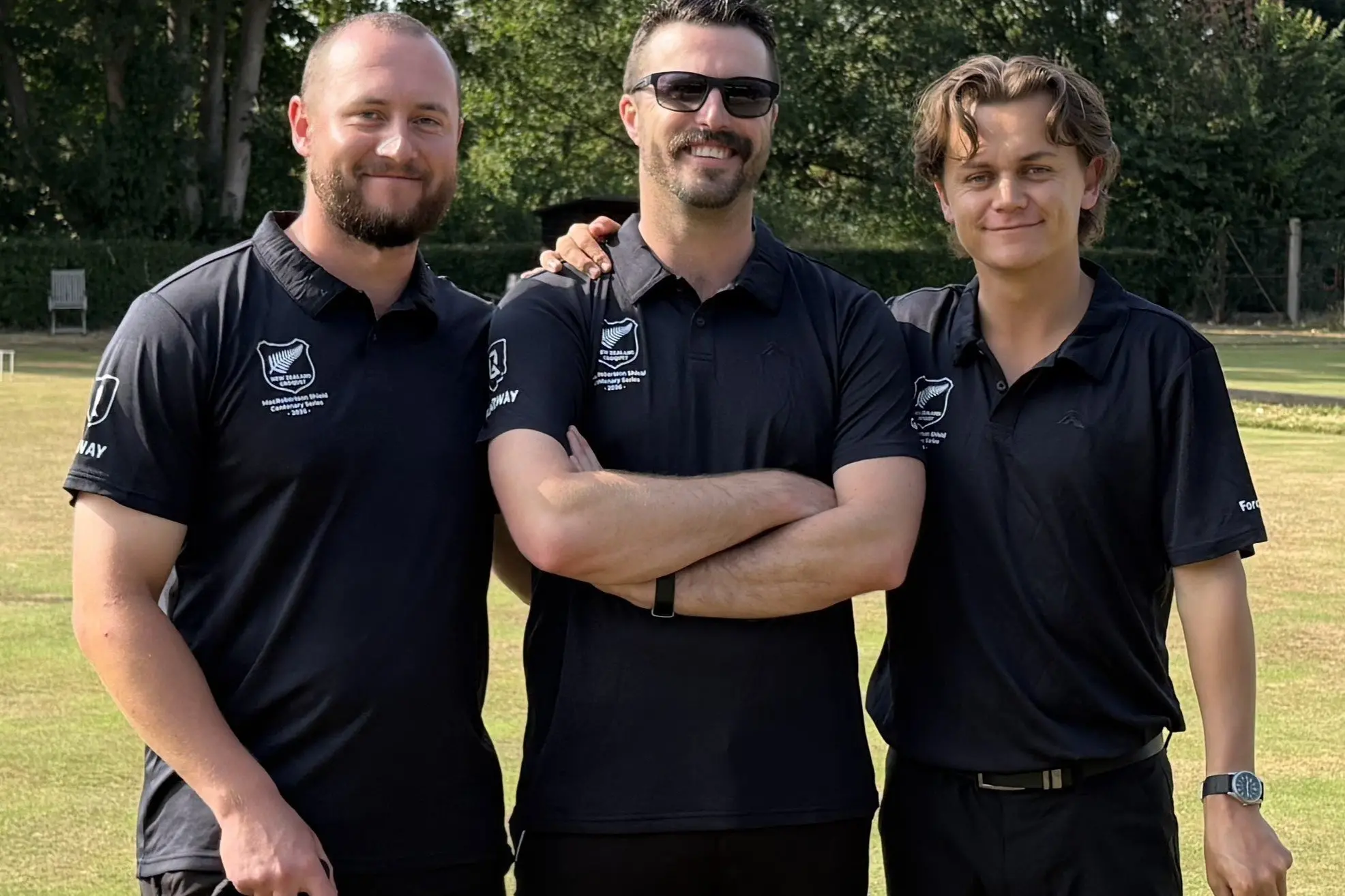 Logan McCorkindale, left, team manager Jarrod Coutts, and Edmund Fordyce are representing New Zealand at the MacRobertson Shield this week in London. Photo Supplied
