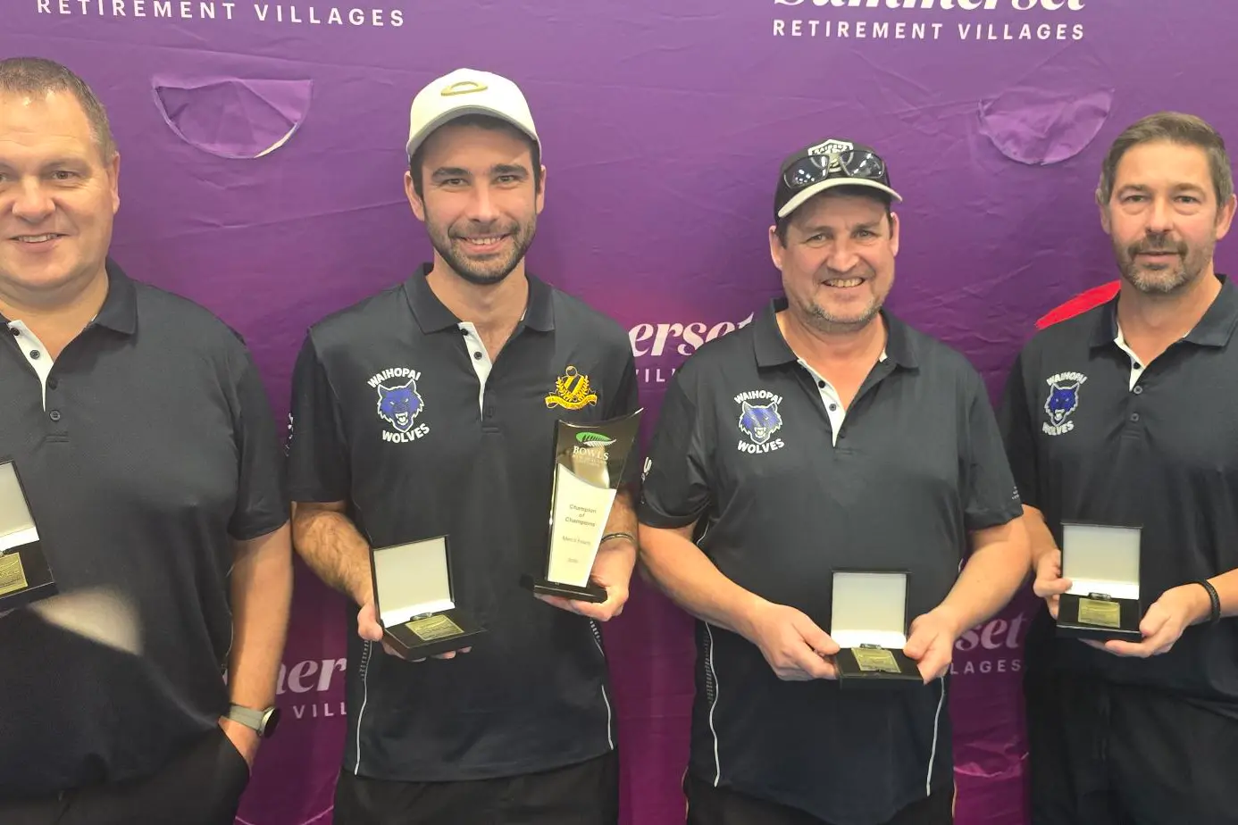 Waihopai Bowling Club\\'s champion of champion fours team (from left) Craig Merilees, Sheldon Bagrie-Howley, Thomas Cockerill and Craig Tinker won the national title at Dunedin at the weekend. Photo: Bowls New Zealand