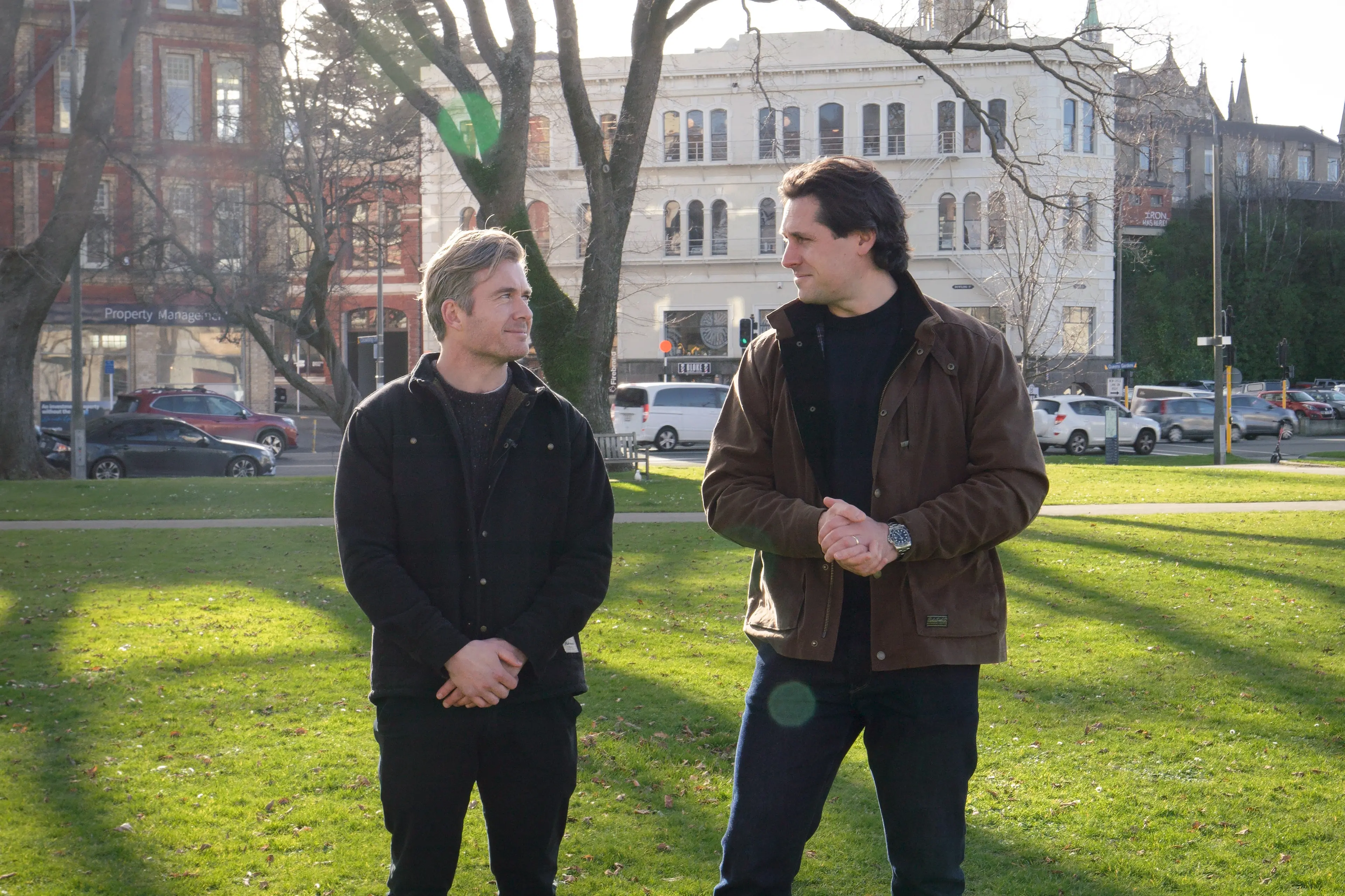 Whitefox Dunedin sales director Nick Beard (left) and Whitefox New Zealand co-owner Rory Stumbles stand across the road from the Australasian real estate company\\'s new Dunedin office in Dowling St. Photo: Supplied