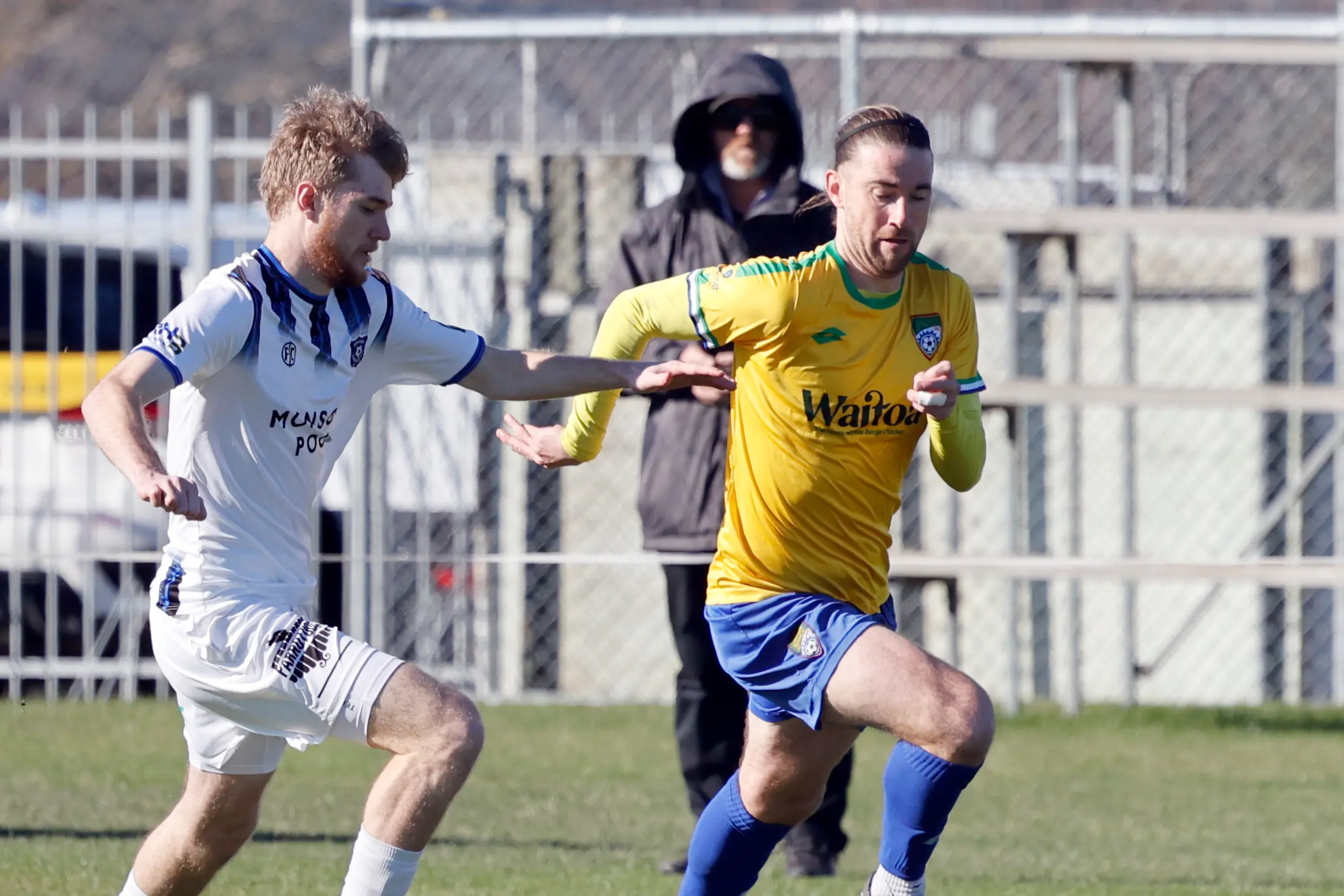Garbhan Coughlan breaks away from a Miramar Rangers defender in Cashmere Tech\\'s 2-1 Chatham Cup victory on Sunday. PHOTO: DUST MEDIA