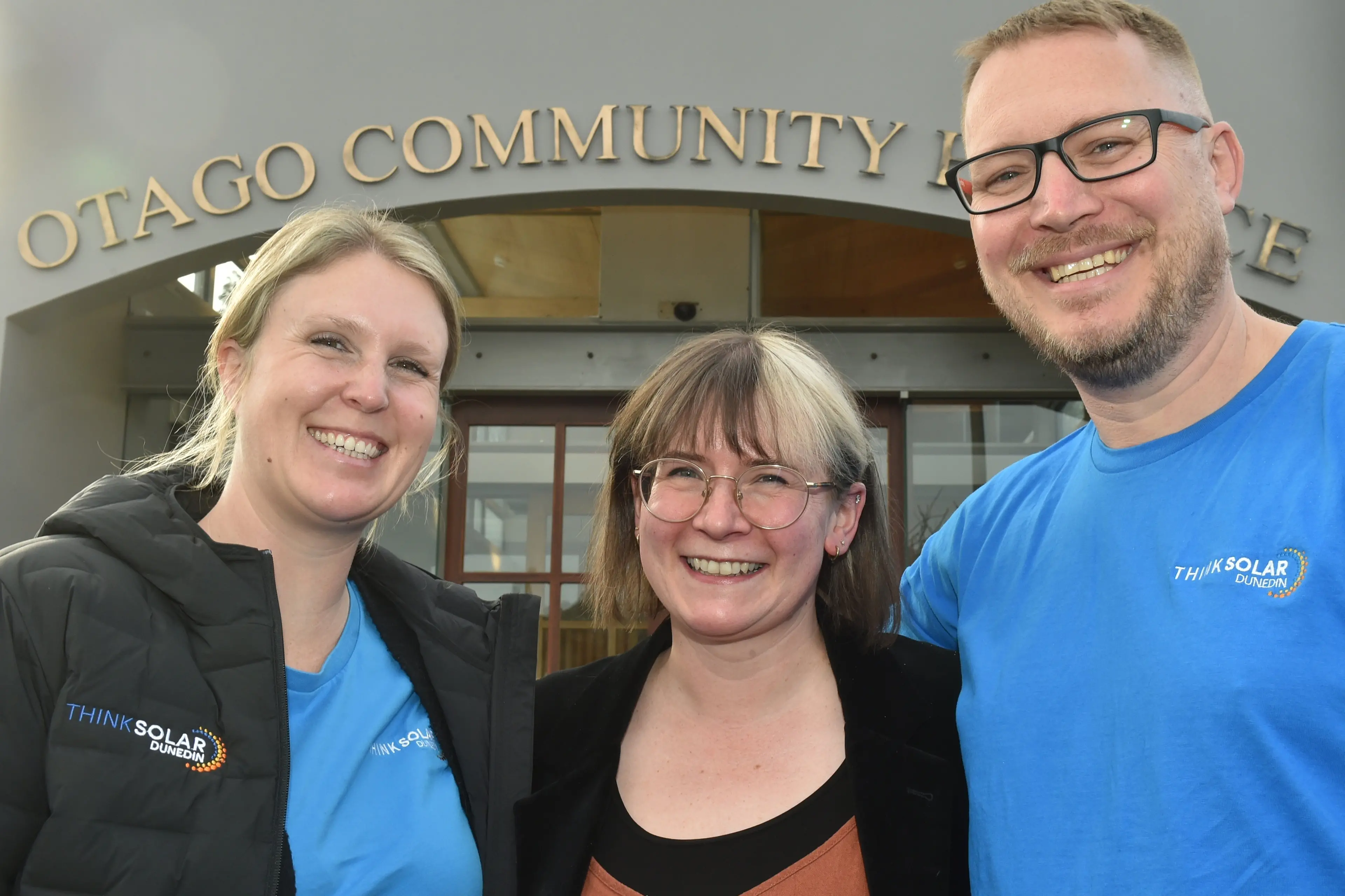 Think Solar Dunedin\\'s owners Laura and James Kettle   with Tina Reece, middle, from Otago Community Hospice on Monday afternoon. Photo: Gregor Richardson