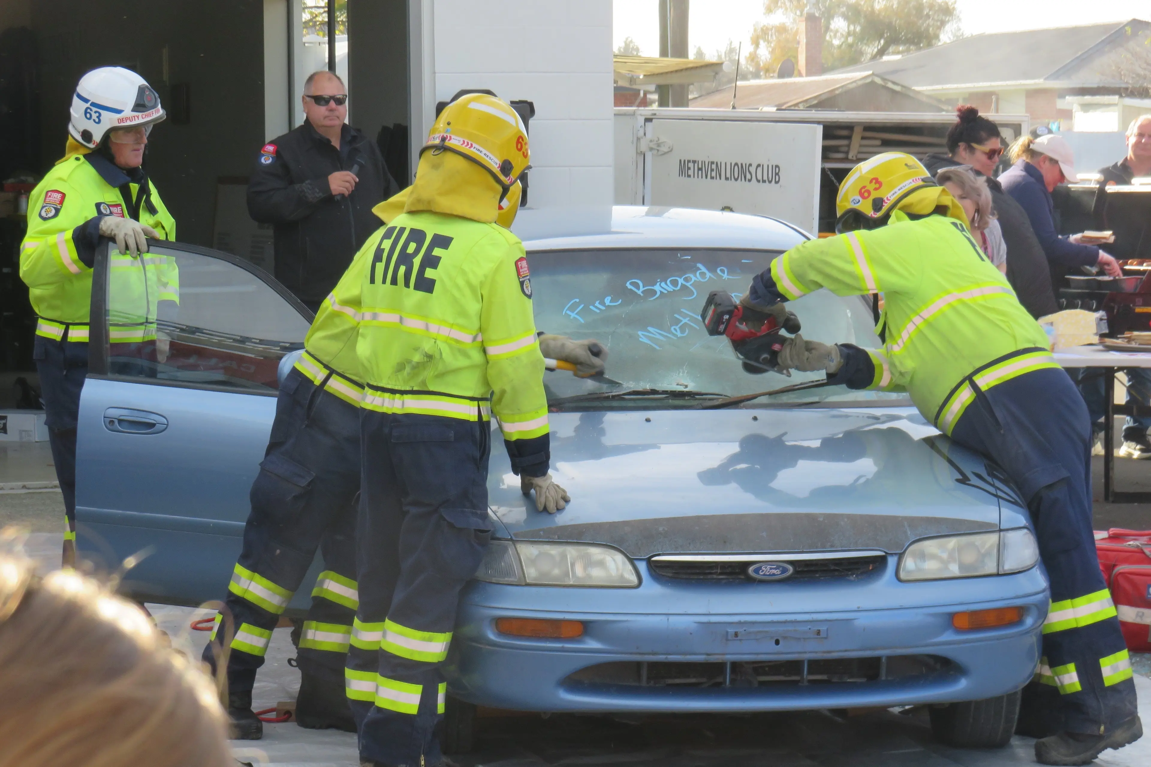 Methven Volunteer Fire Brigade demonstrate extracting a \\u2018\\u2018patient\\u2018\\u2018 from a car at motor vehicle accident. Photo: Dellwyn Moylan