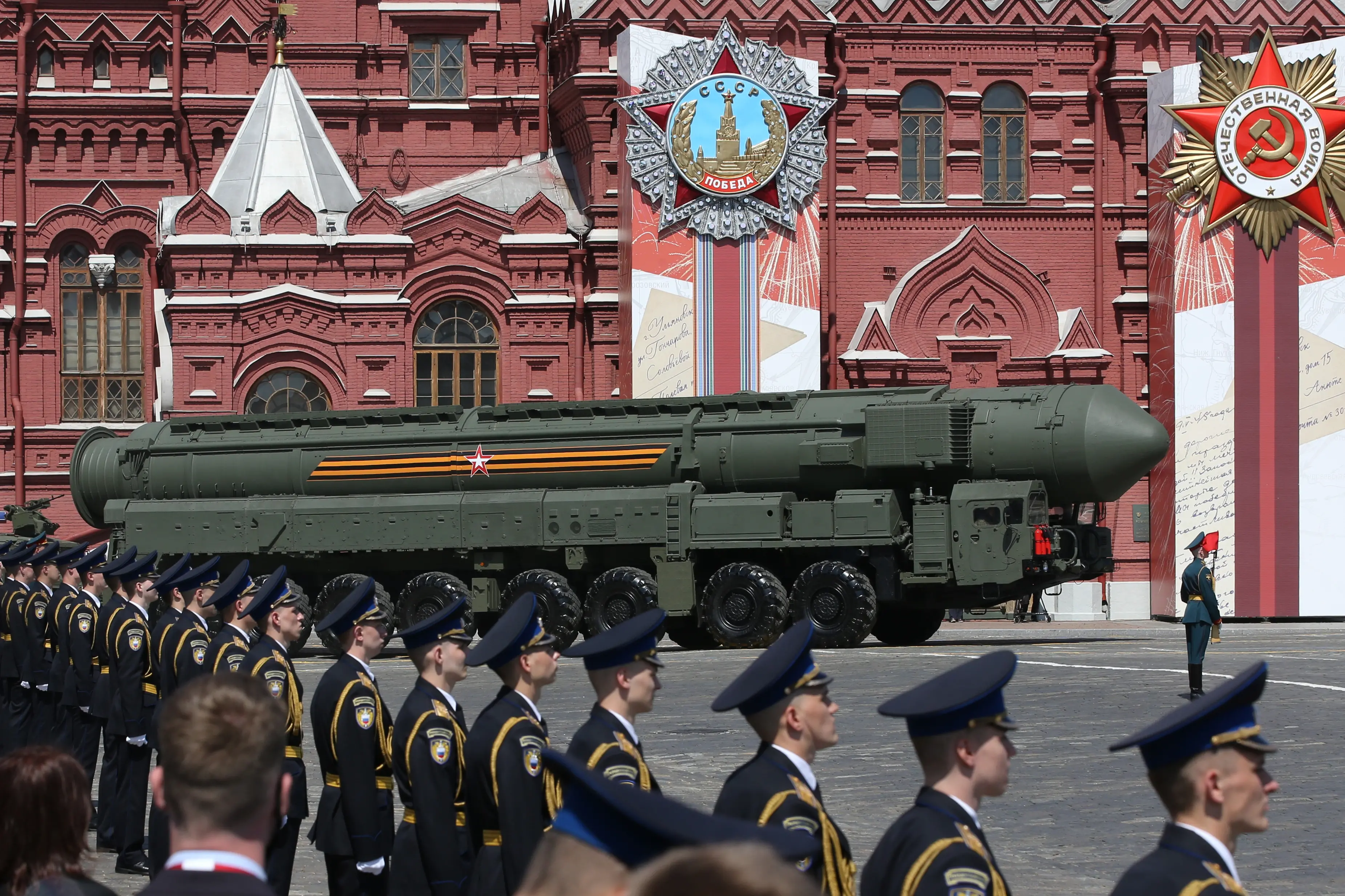 A Russian nuclear missile rolls along Red Square during the military parade. PHOTO: GETTY IMAGES