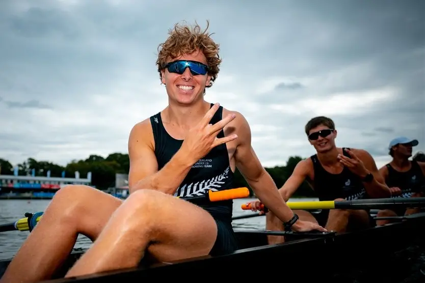 Oliver Leach celebrates after helping the New Zealand men\\'s eight win bronze at the under-23 world rowing championships in Germany on Sunday. Photo: World Rowing