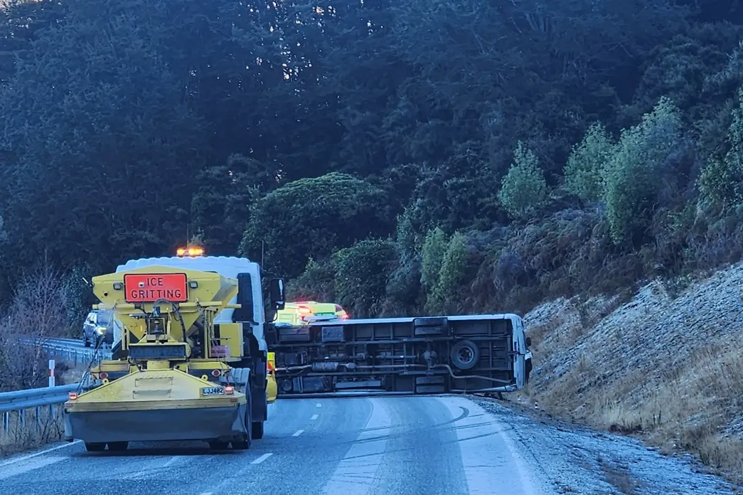 <p>The crashed bus on the Glenorchy-Queenstown Road on Tuesday morning. Photo: George Browning</p>\\n