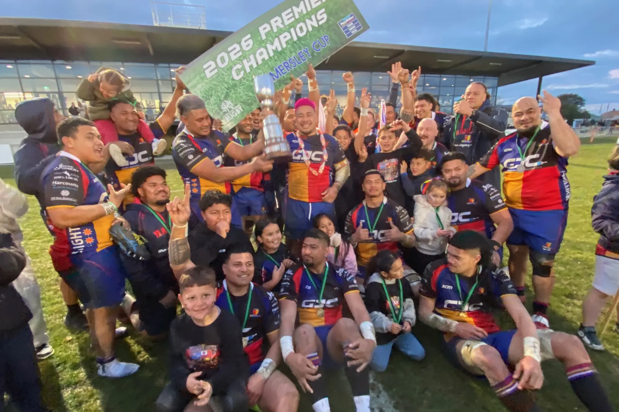 Harlequins celebrate their three-peat, winning the Hamersley Cup 24-19 against Temuka at Fraser Park on Saturday. Photo: Stu Piddington