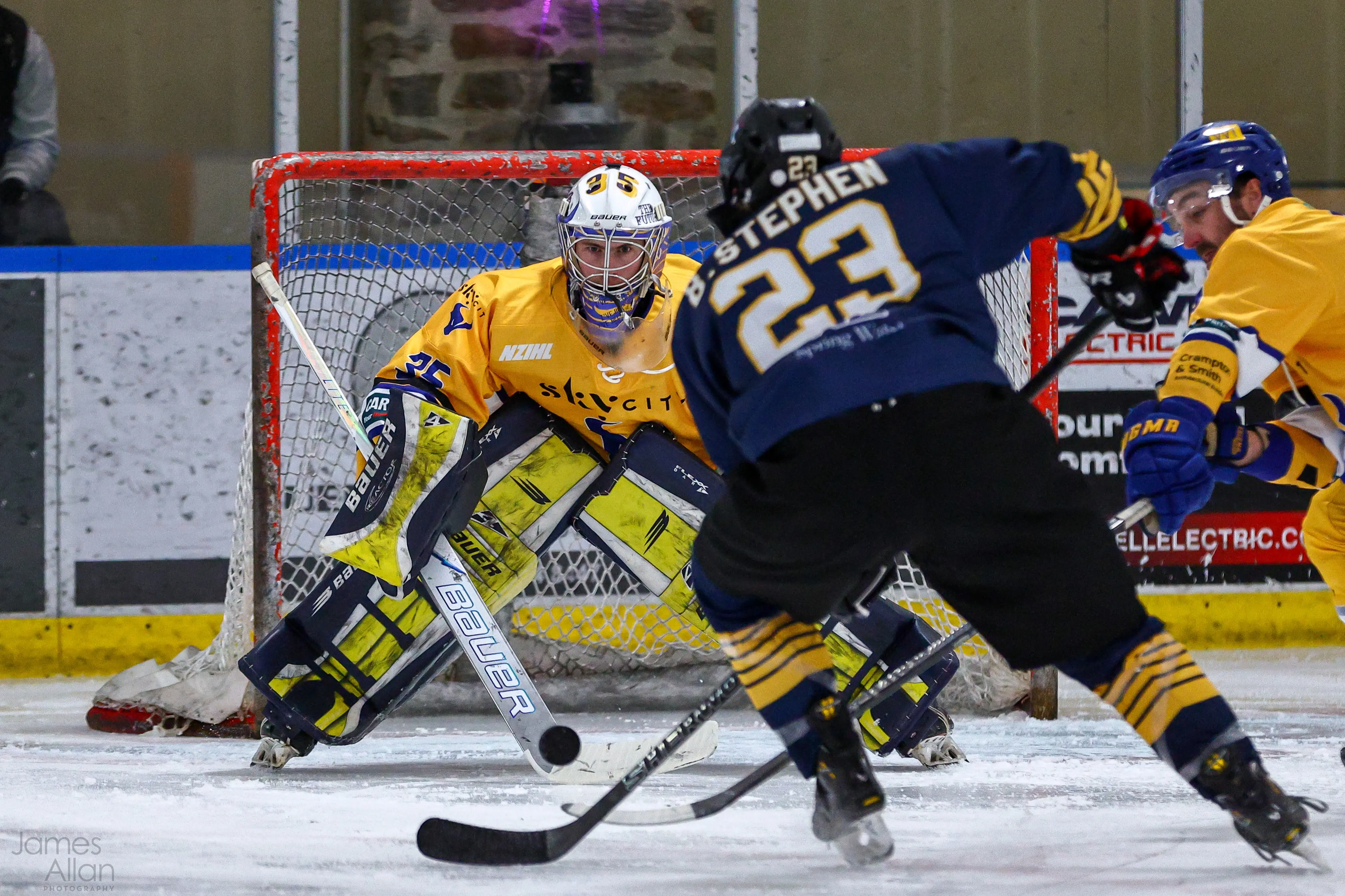 Laser-focus: Queenstown\\'s SkyCity Stampede goalie Joel Gerard\\'s all concentration during his team\\'s 8-1 drubbing of the West Auckland Admirals in Queenstown last Friday night. Photo: James Allan Photography